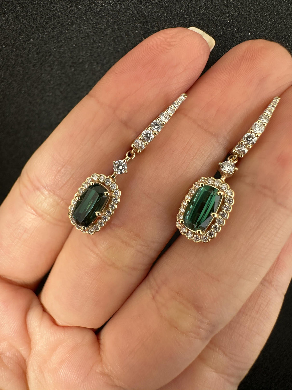 Green Tourmaline And Diamond Gold Drop Earrings : Gift for Girlfriend Mother 14k Gold earring
