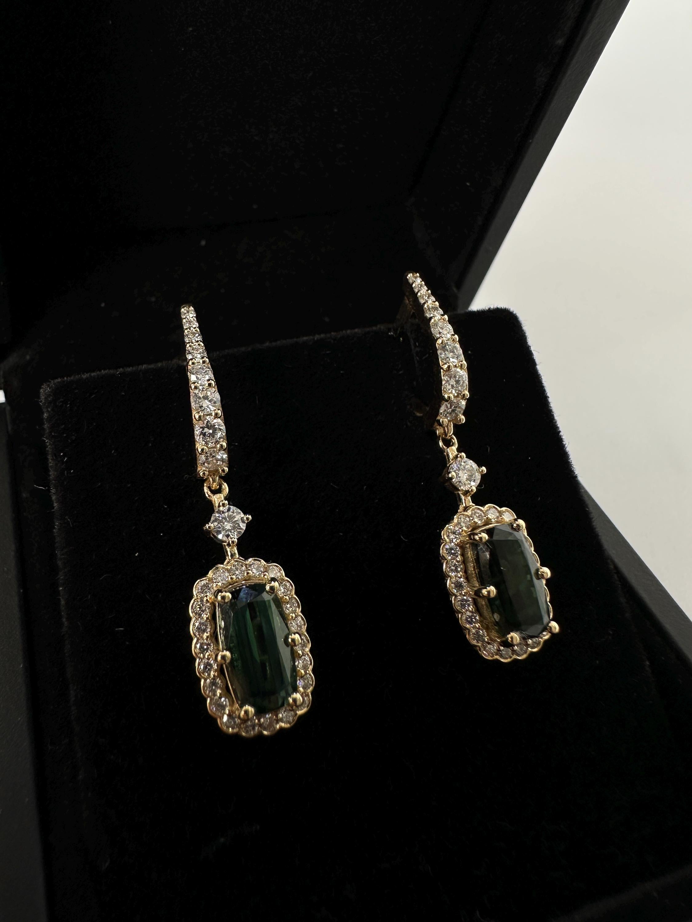 Green Tourmaline And Diamond Gold Drop Earrings : Gift for Girlfriend Mother 14k Gold earring