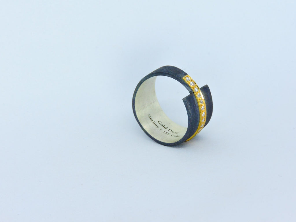 Oxidized Silver Ring with 18k Gold Band & 0.13ct Diamond | Modern Handmade Designer Ring,  Statement ring , Unisex Ring