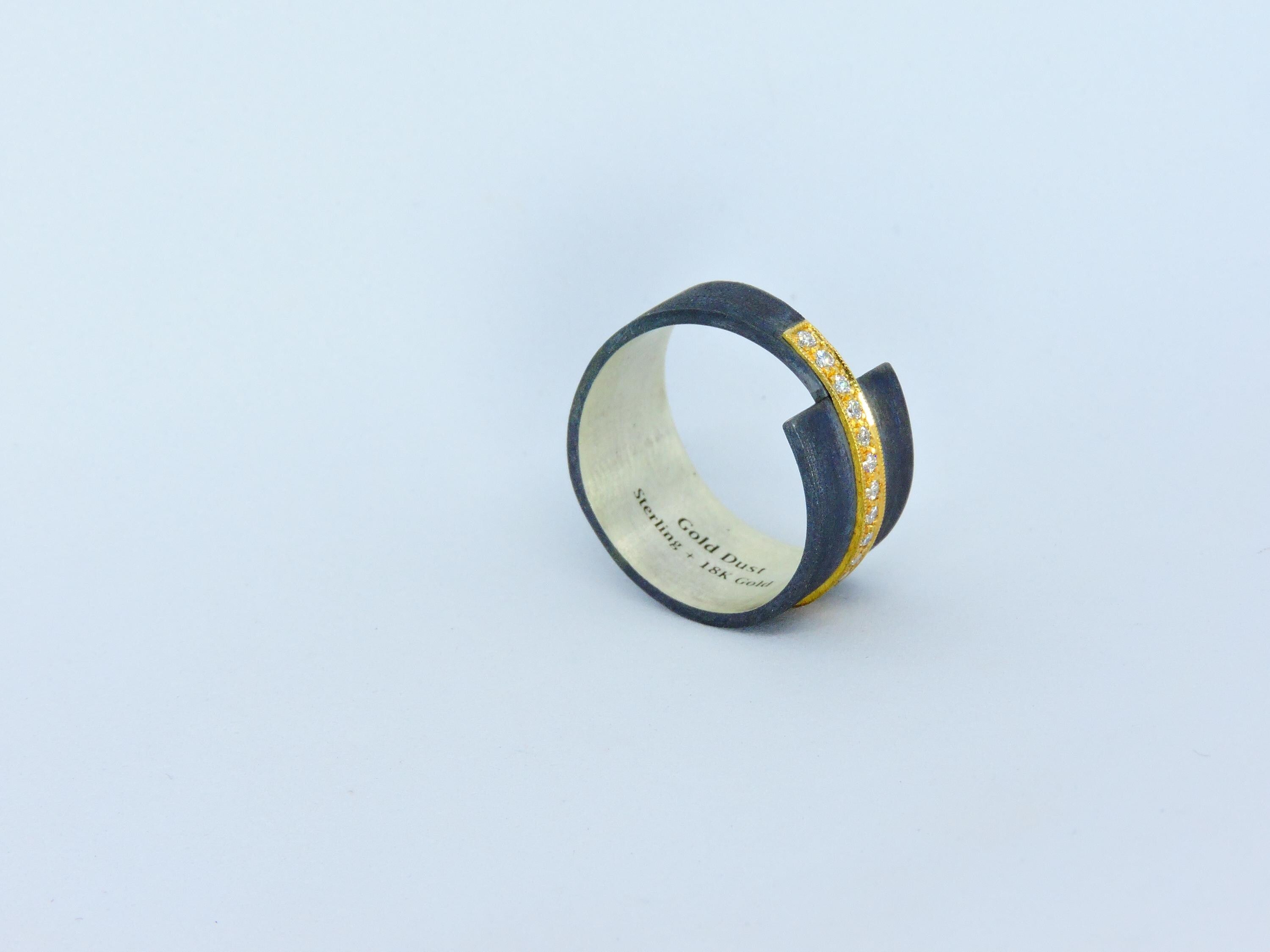 Oxidized Silver Ring with 18k Gold Band & 0.13ct Diamond | Modern Handmade Designer Ring,  Statement ring , Unisex Ring