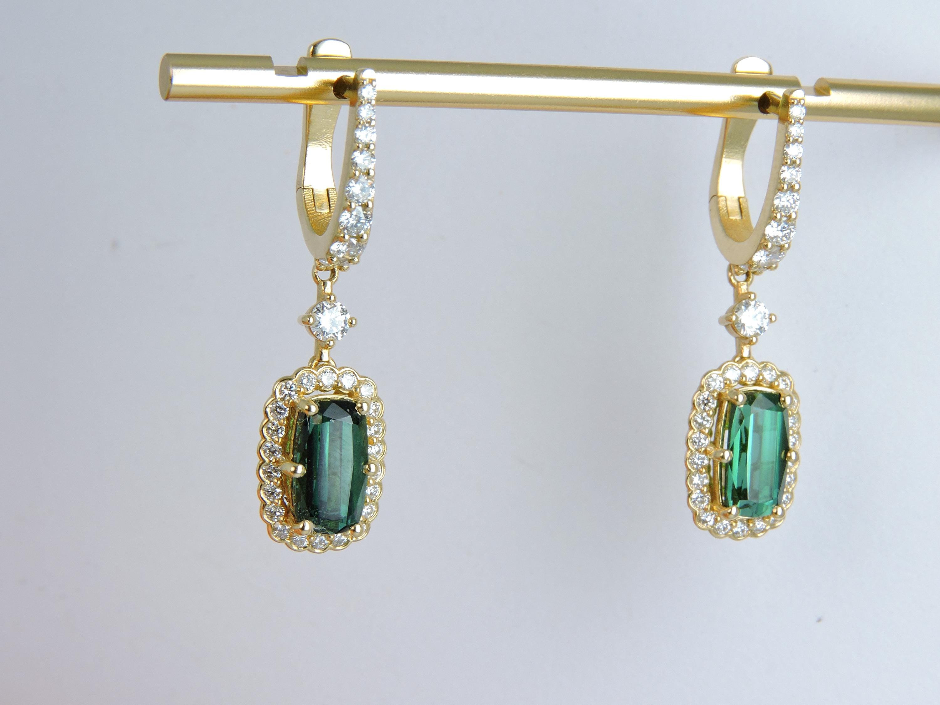 Green Tourmaline And Diamond Gold Drop Earrings : Gift for Girlfriend Mother 14k Gold earring