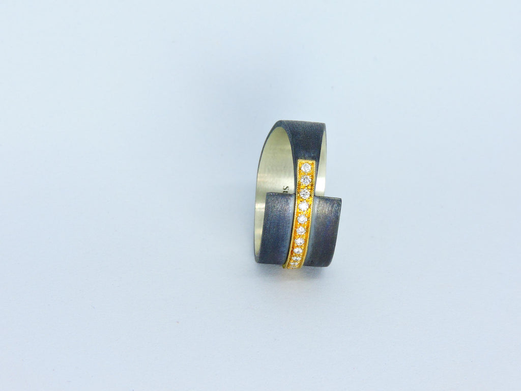 Oxidized Silver Ring with 18k Gold Band & 0.13ct Diamond | Modern Handmade Designer Ring,  Statement ring , Unisex Ring