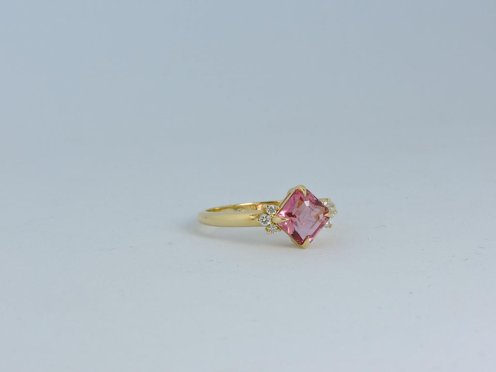 Pink Rubelite Diamond 14k Gold Engagement Ring, Radiant Cut Ring, Pink Engagement Ring with Diamond