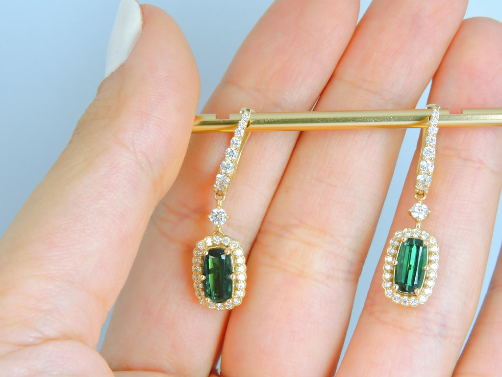 Green Tourmaline And Diamond Gold Drop Earrings : Gift for Girlfriend Mother 14k Gold earring