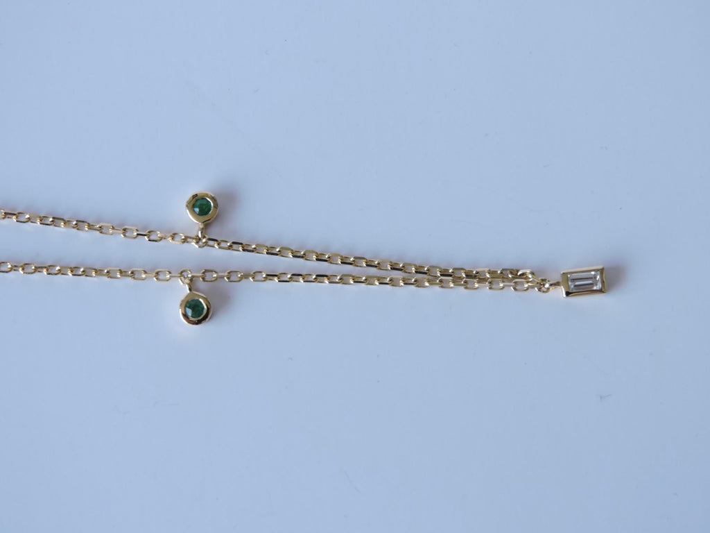 14K Gold Emerald & Baguette Diamond Necklace, 0.10 Ct Emerald, 0.10 Ct Diamond, 44 cm Chain, Minimal Fine Jewelry Gift