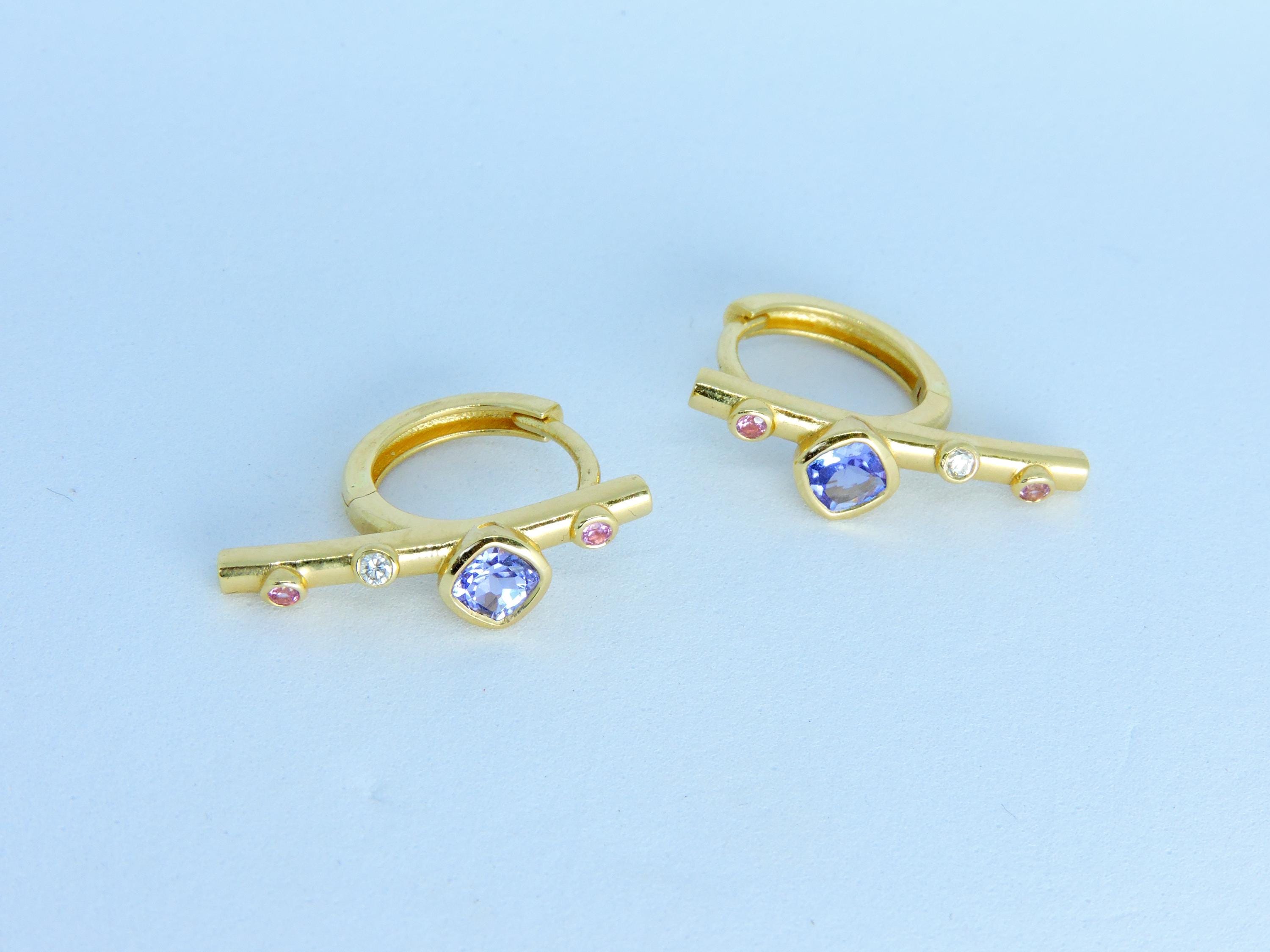 14K Solid Gold Hoop Earrings, Tanzanite Earrings, Tanzanite, Diamond and Sapphire Gold Hoop Earrings, Straith bar Hoop Earring