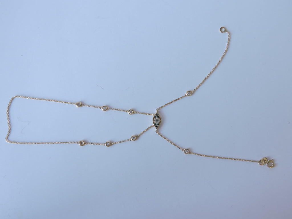 14k Gold Evil Eye Shahmeran Bracelet, Diamond Chain Bracelet, Hand Chain