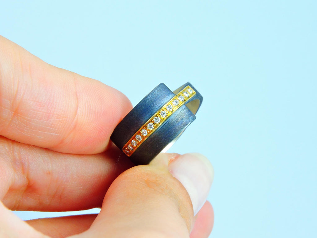 Oxidized Silver Ring with 18k Gold Band & 0.13ct Diamond | Modern Handmade Designer Ring,  Statement ring , Unisex Ring