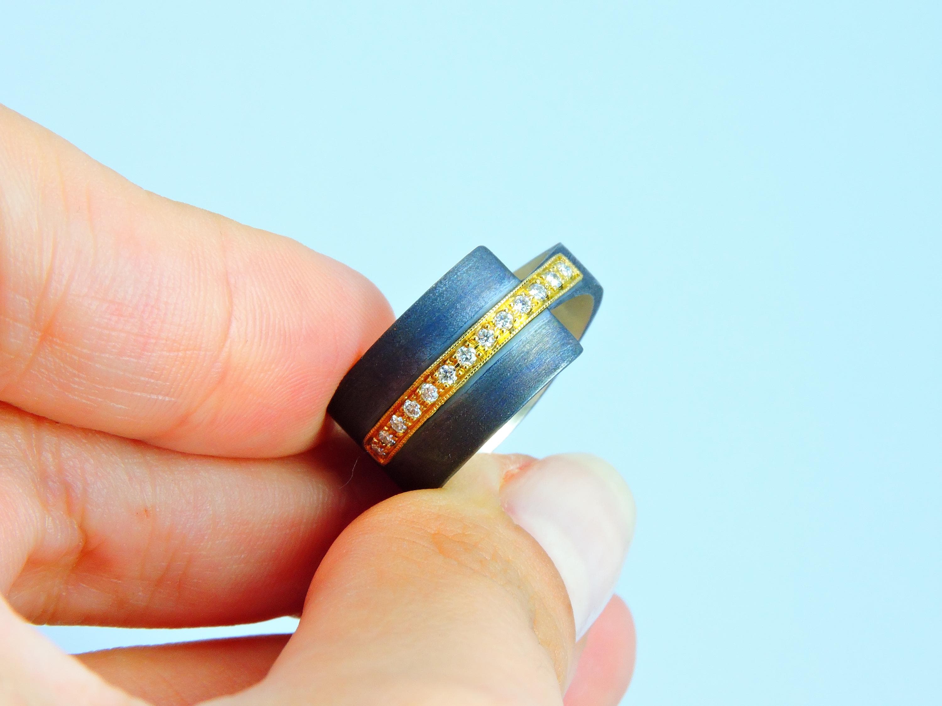 Oxidized Silver Ring with 18k Gold Band & 0.13ct Diamond | Modern Handmade Designer Ring,  Statement ring , Unisex Ring