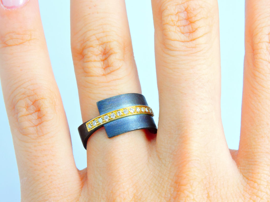 Oxidized Silver Ring with 18k Gold Band & 0.13ct Diamond | Modern Handmade Designer Ring,  Statement ring , Unisex Ring