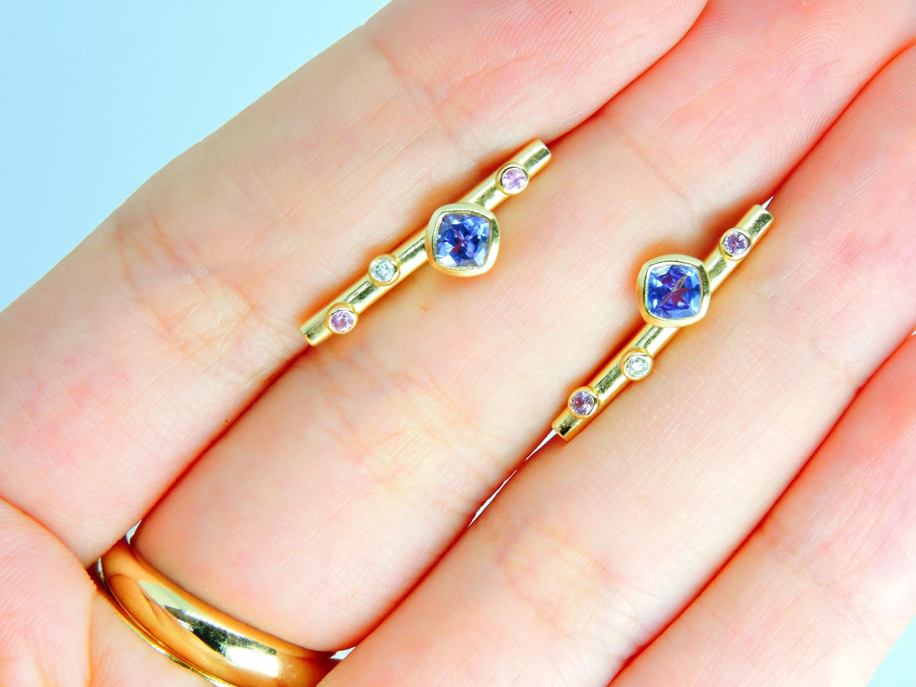 14K Solid Gold Hoop Earrings, Tanzanite Earrings, Tanzanite, Diamond and Sapphire Gold Hoop Earrings, Straith bar Hoop Earring
