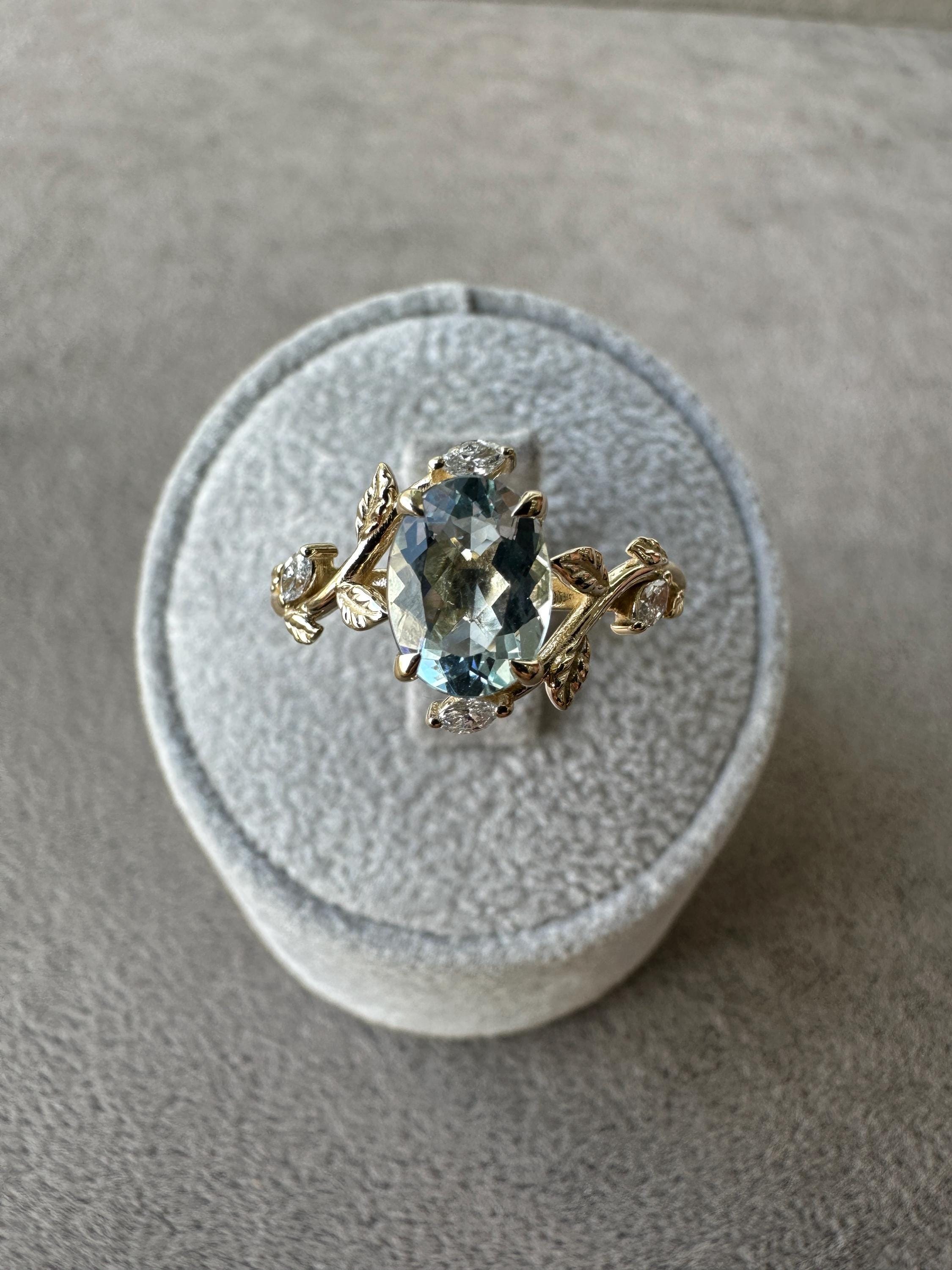 Vintage Aquamarine Engagement Ring, Diamond 14k Gold Floral Band