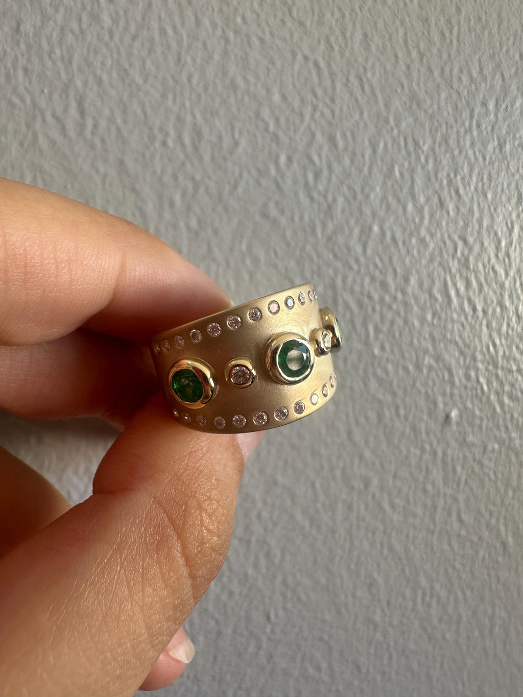 Handmade 14k Gold Band Ring, Emerald and Diamond Bezel, Wide Ring, Unisex Gold Ring, Luxury Ring