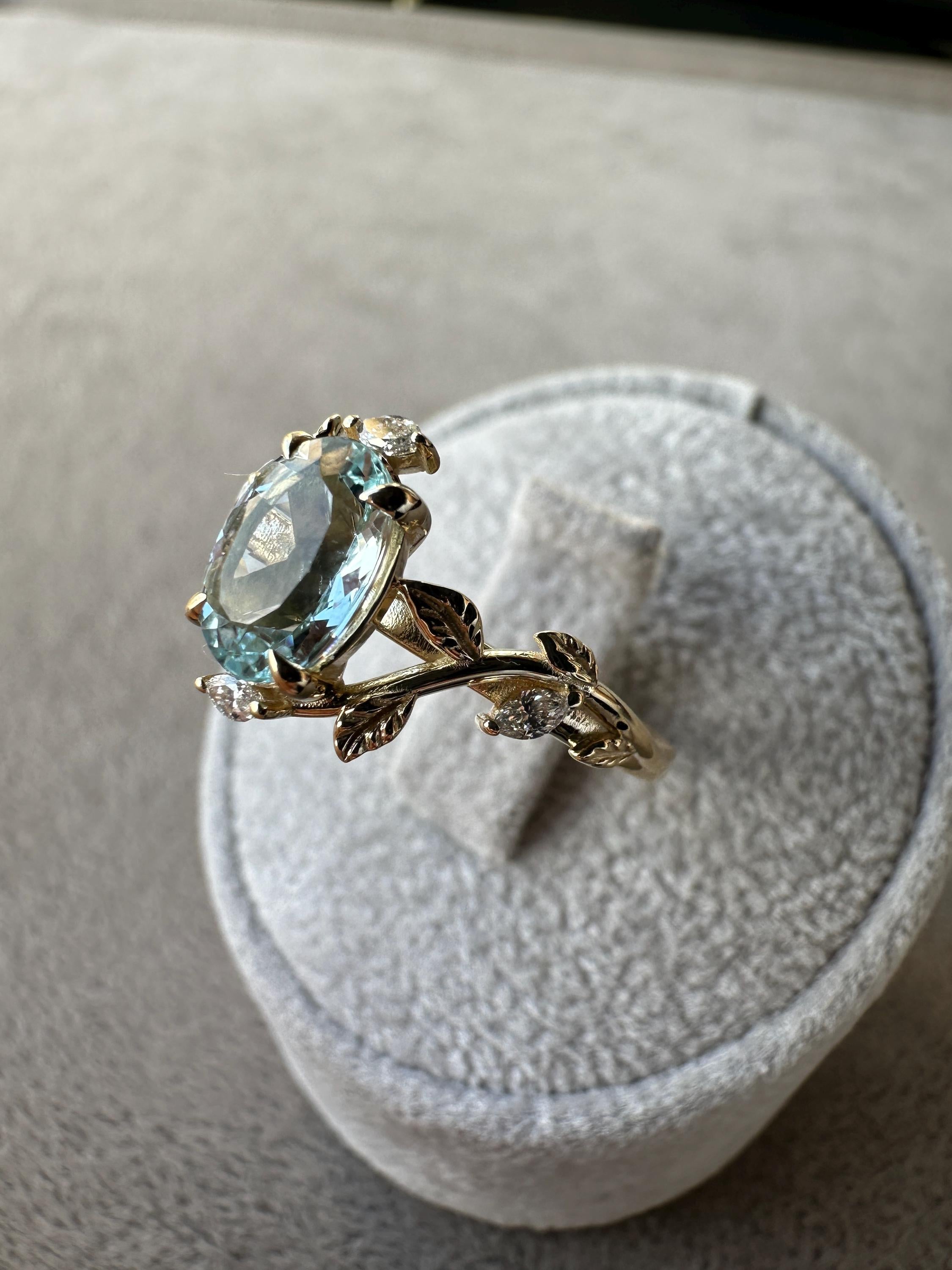 Vintage Aquamarine Engagement Ring, Diamond 14k Gold Floral Band