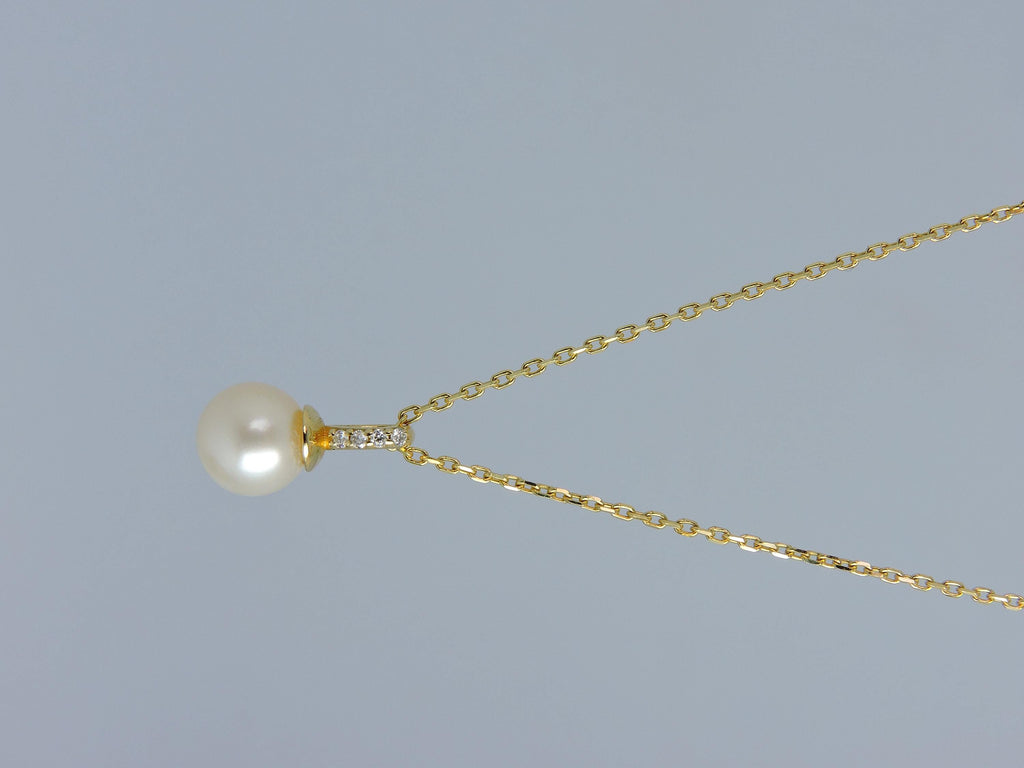 7mm Pearl Drop Diamond Necklace in Solid Gold – Minimal Pearl Pendant Necklace – Handmade Fine Jewelry
