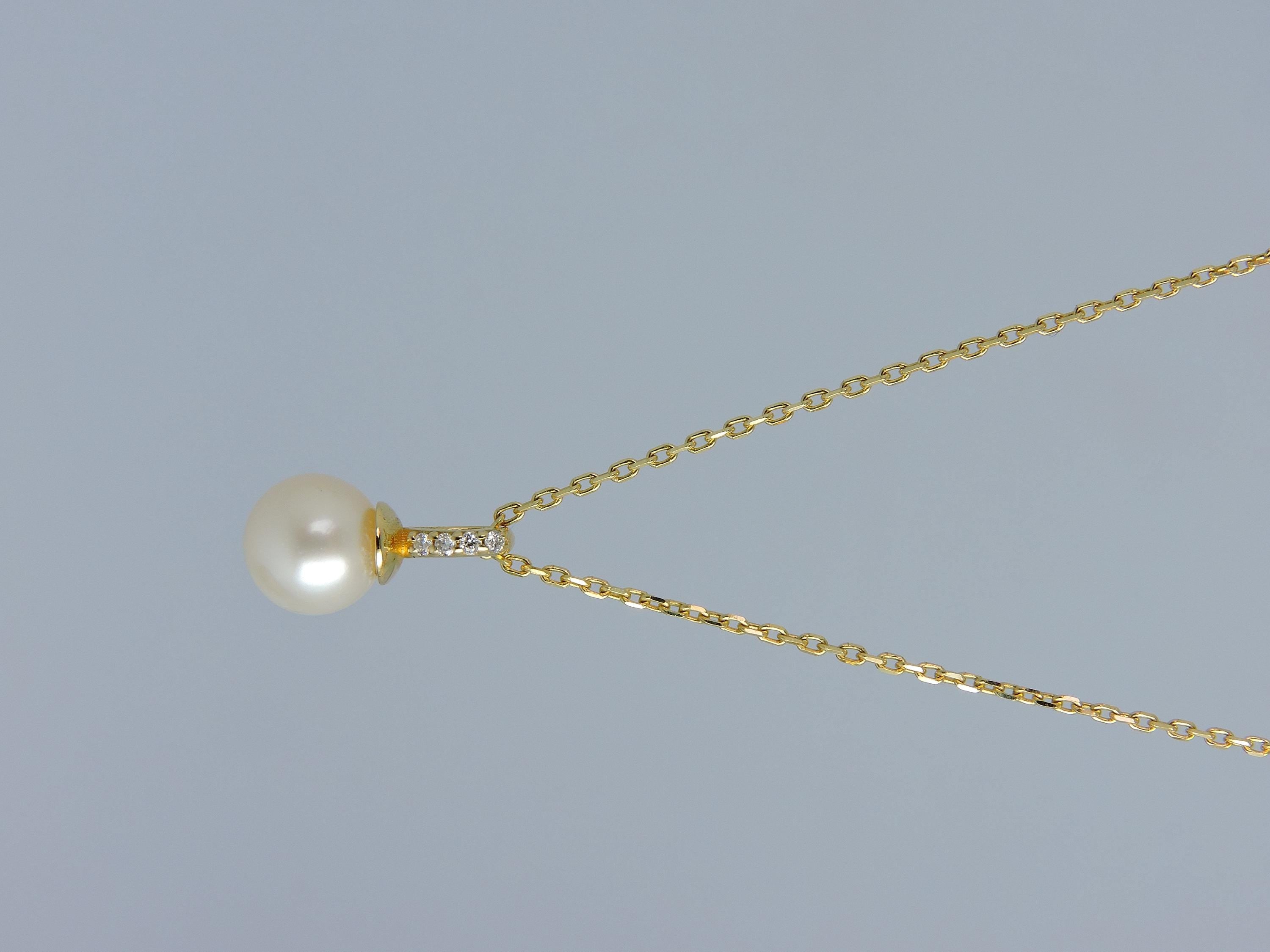 7mm Pearl Drop Diamond Necklace in Solid Gold – Minimal Pearl Pendant Necklace – Handmade Fine Jewelry