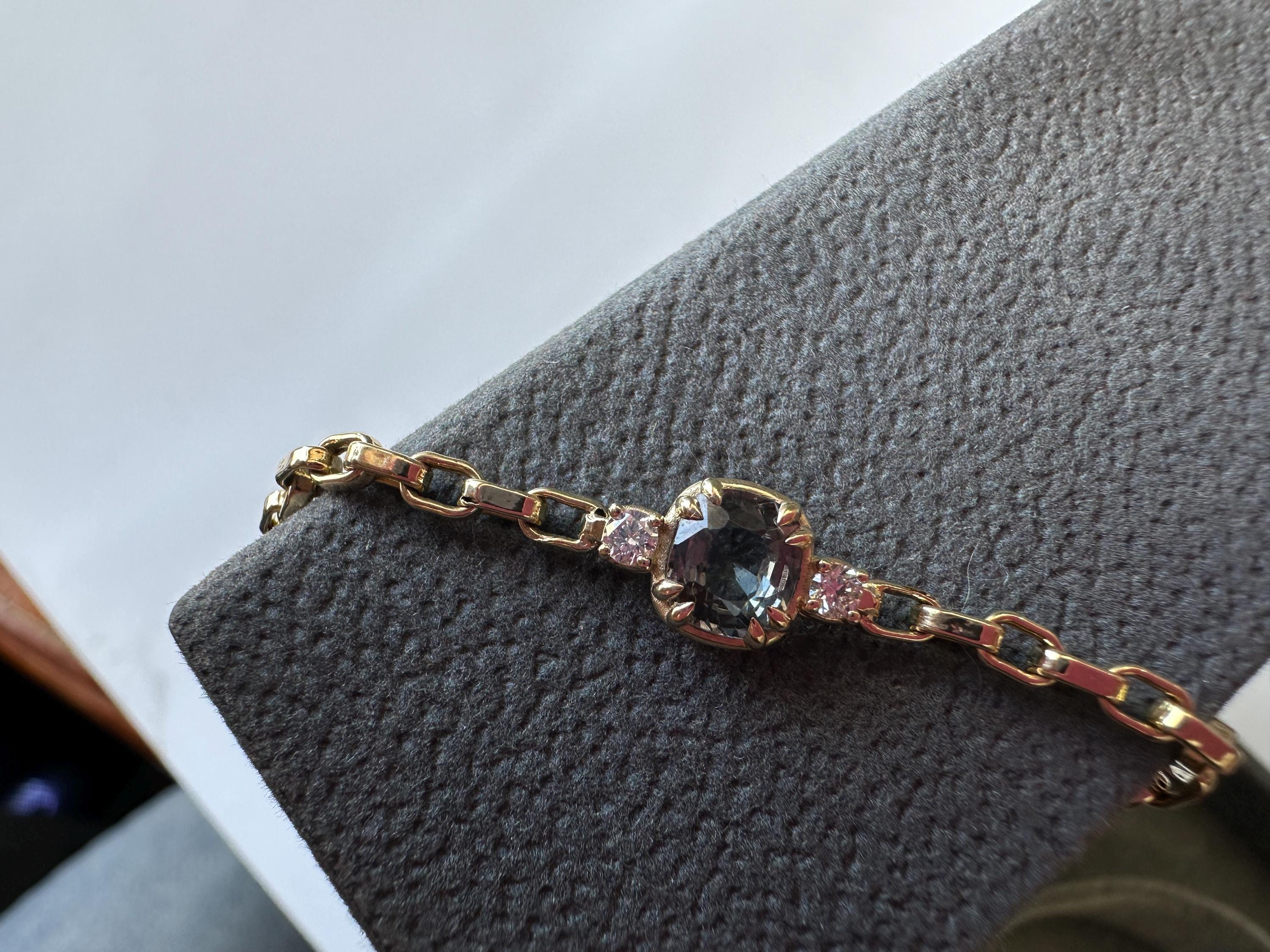 Cushion Gold Bracelet Grey Blue Spinel with Diamond Bracelet Halloween Birthday