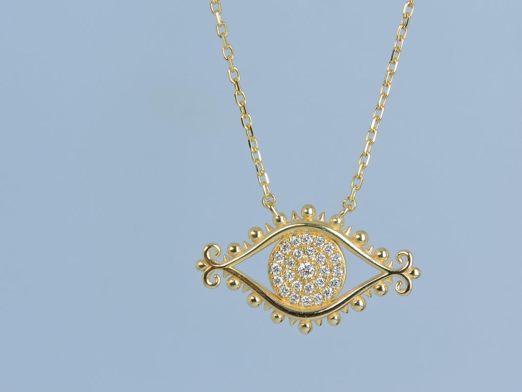 Handmade 14K Gold Evil Eye Necklace: Diamond Pave Pendant