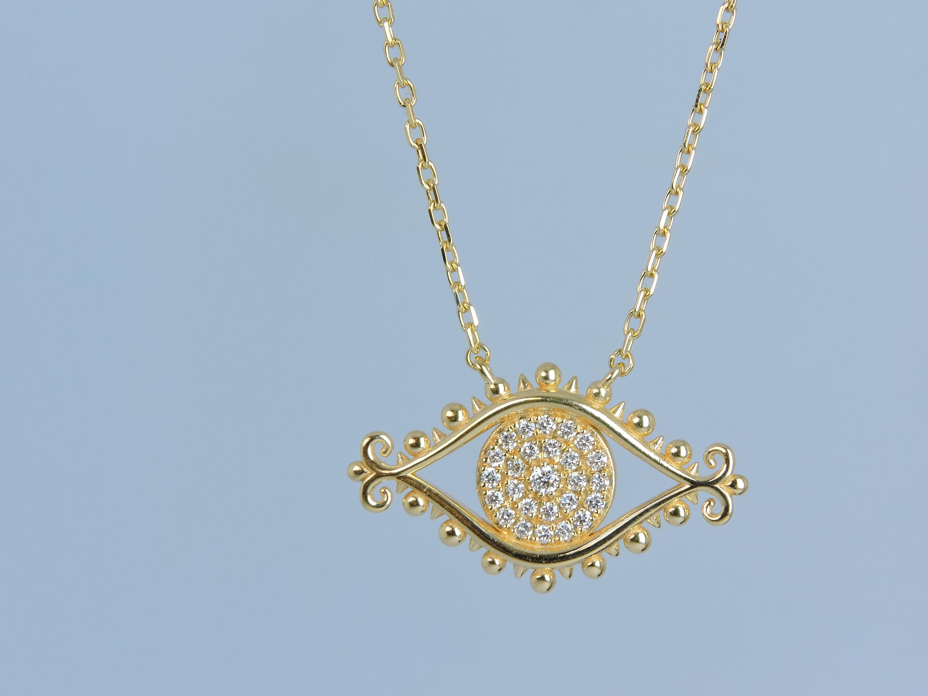 Handmade 14K Gold Evil Eye Necklace: Diamond Pave Pendant