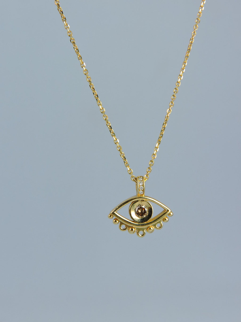 14K Gold Evil Eye Necklace: Brown Diamond Pendant, Handmade
