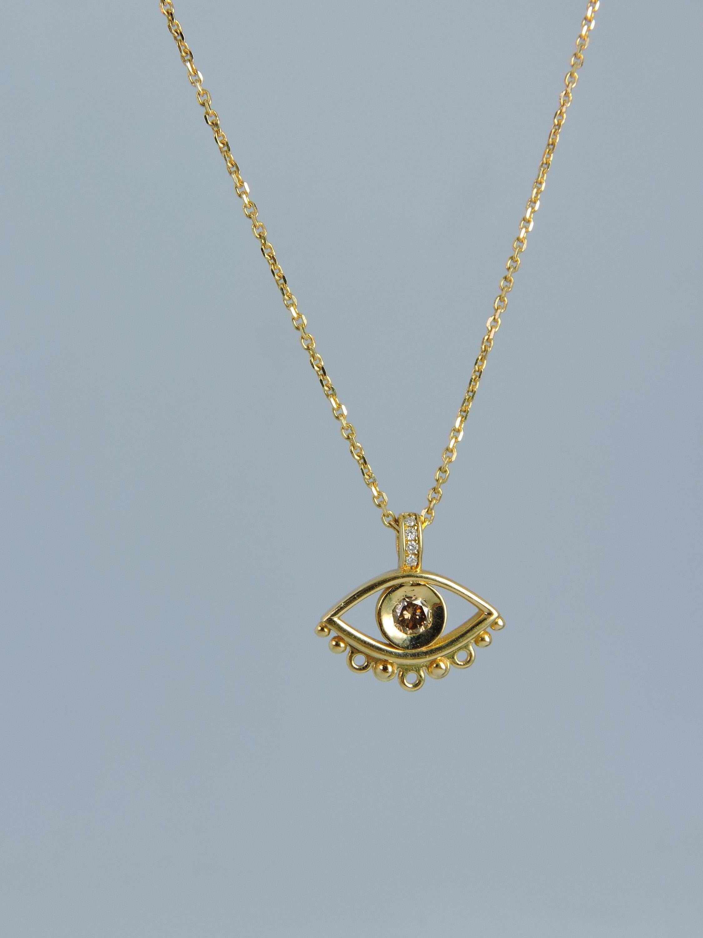 14K Gold Evil Eye Necklace: Brown Diamond Pendant, Handmade