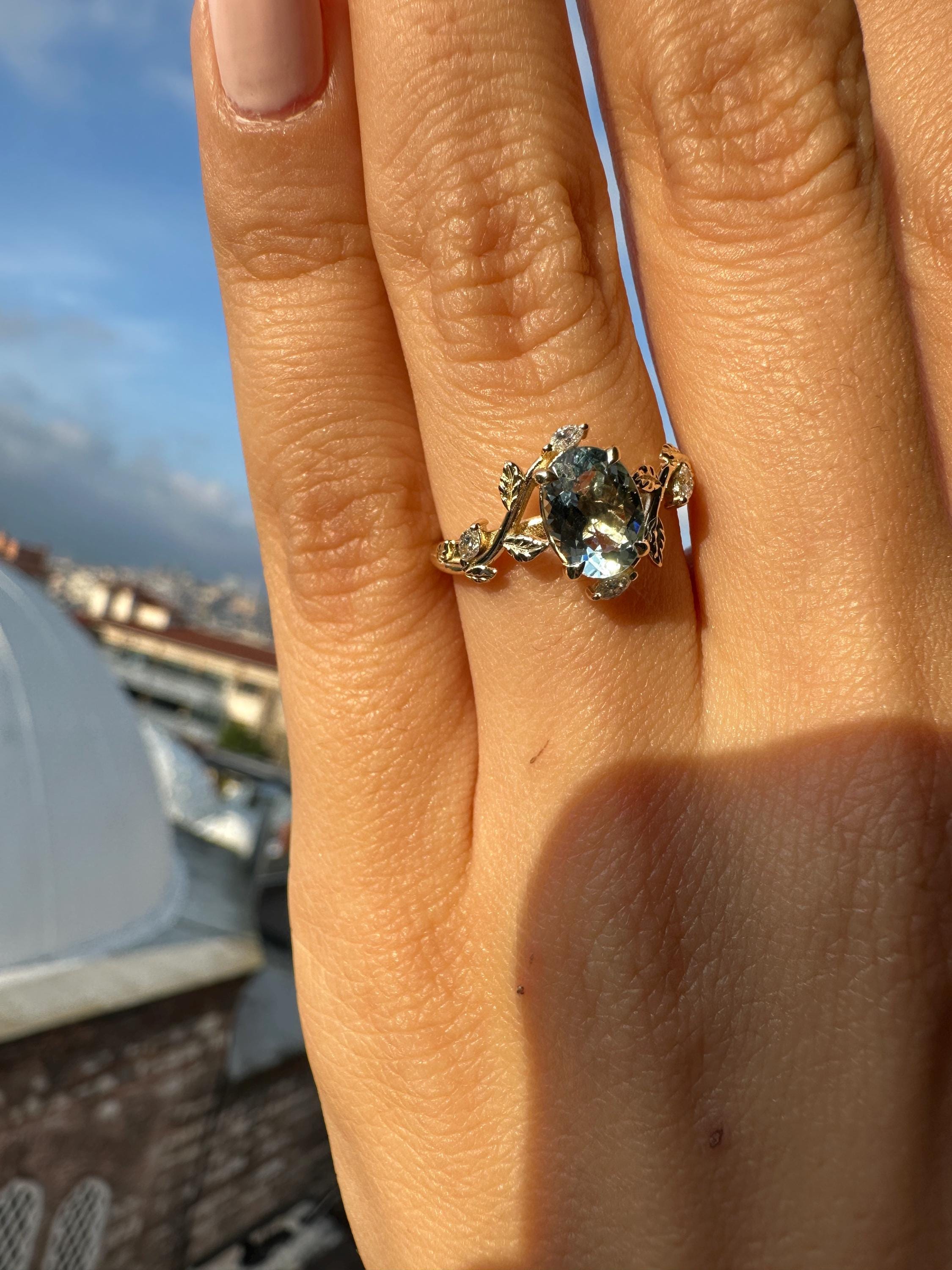 Vintage Aquamarine Engagement Ring, Diamond 14k Gold Floral Band