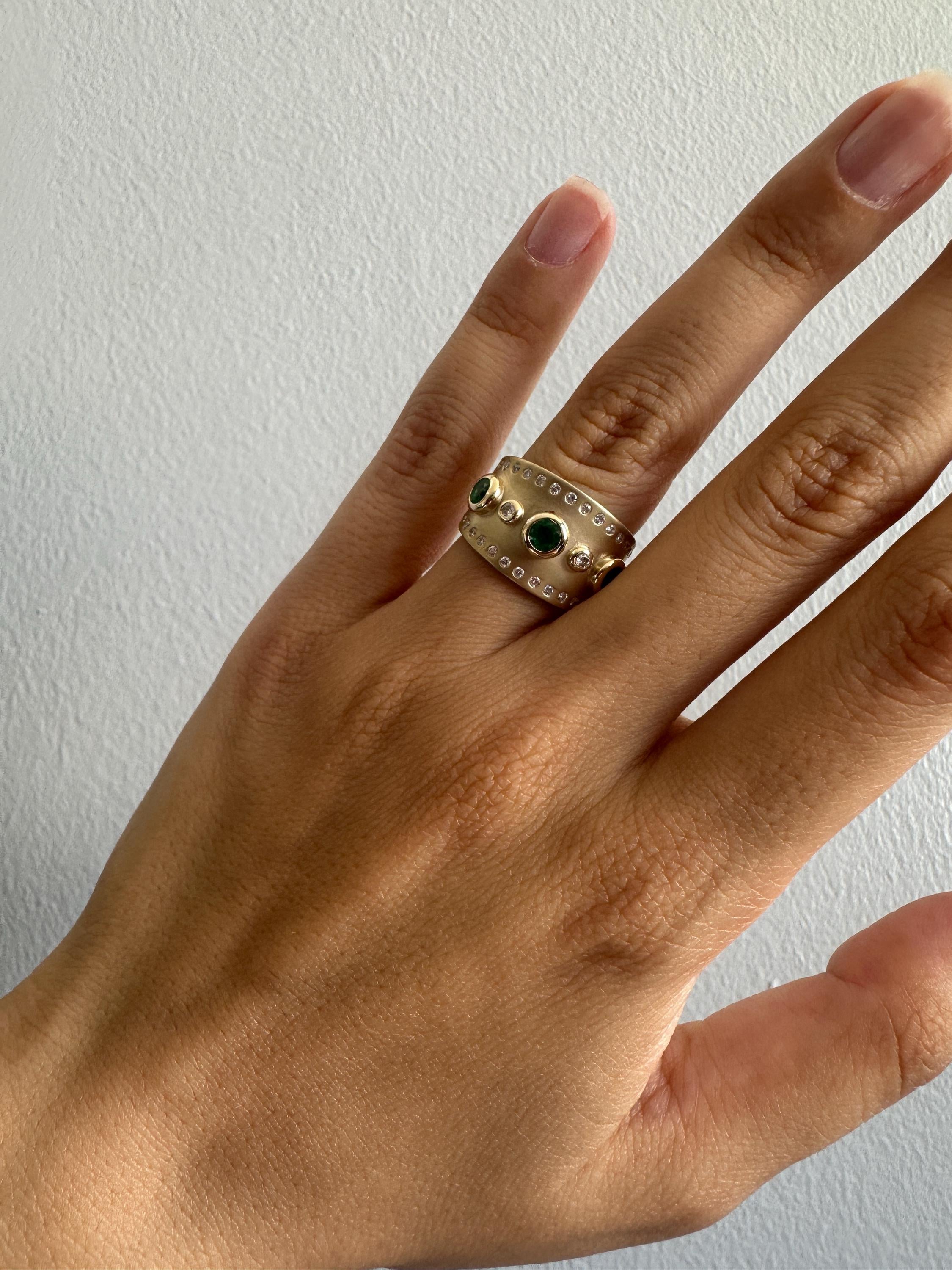 Handmade 14k Gold Band Ring, Emerald and Diamond Bezel, Wide Ring, Unisex Gold Ring, Luxury Ring