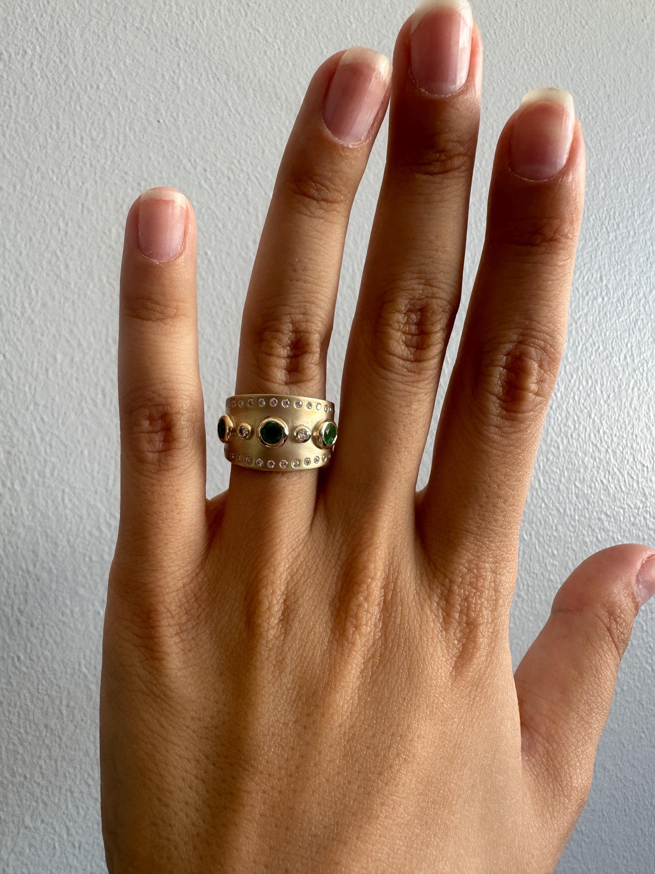 Handmade 14k Gold Band Ring, Emerald and Diamond Bezel, Wide Ring, Unisex Gold Ring, Luxury Ring
