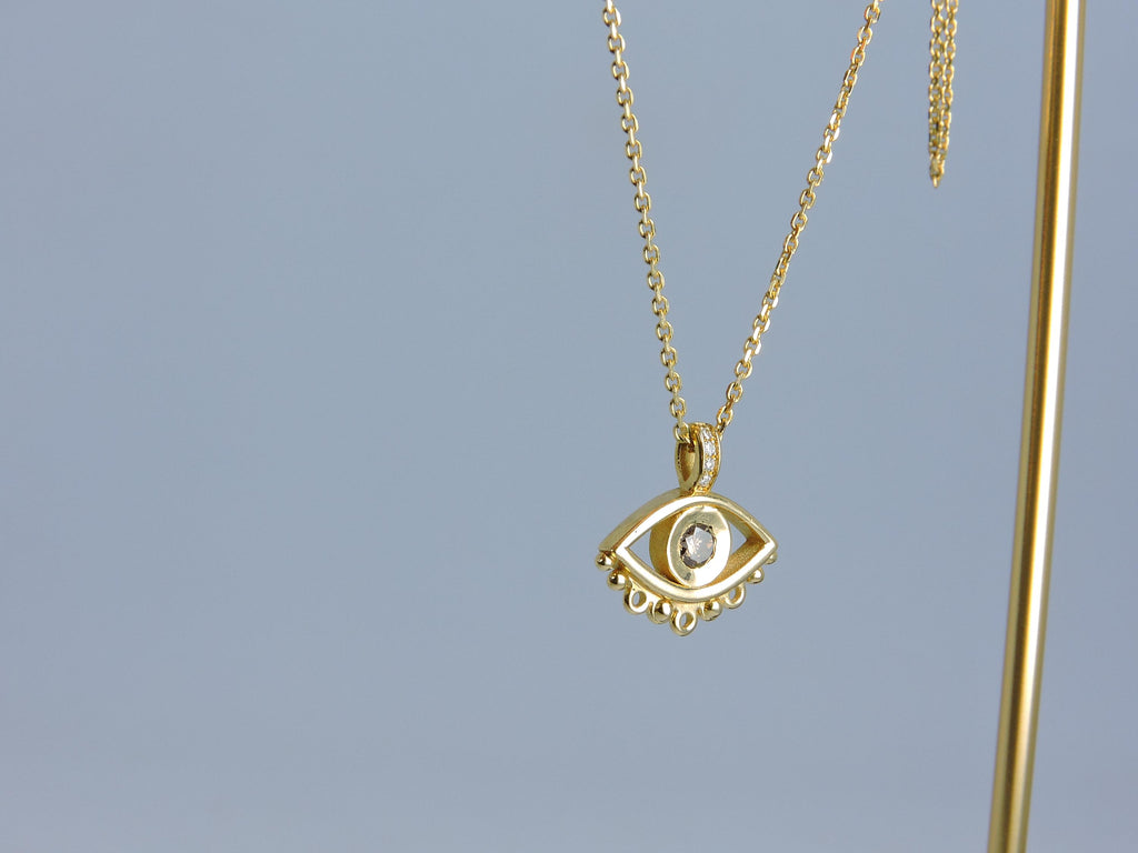 14K Gold Evil Eye Necklace: Brown Diamond Pendant, Handmade