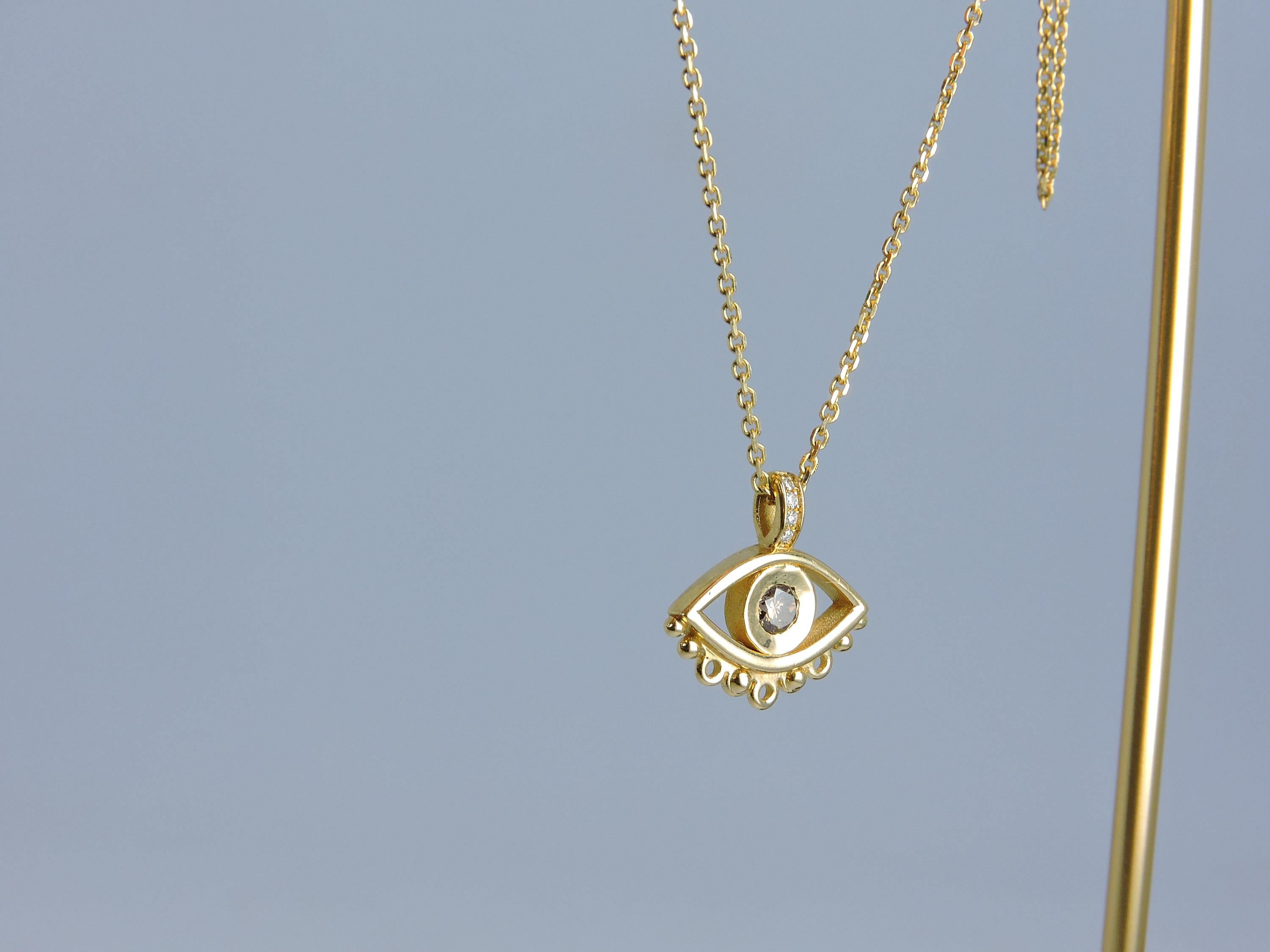 14K Gold Evil Eye Necklace: Brown Diamond Pendant, Handmade