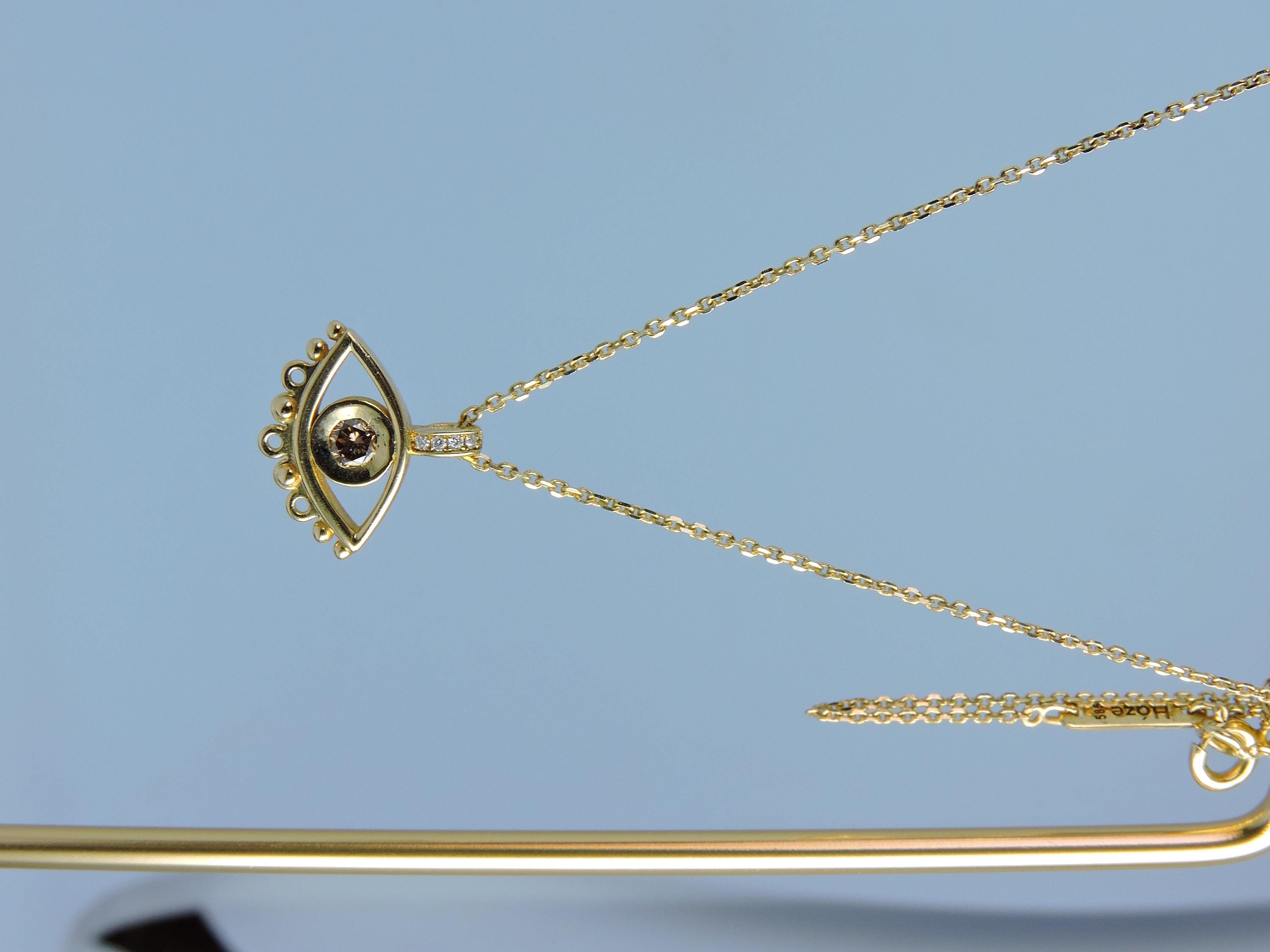 14K Gold Evil Eye Necklace: Brown Diamond Pendant, Handmade