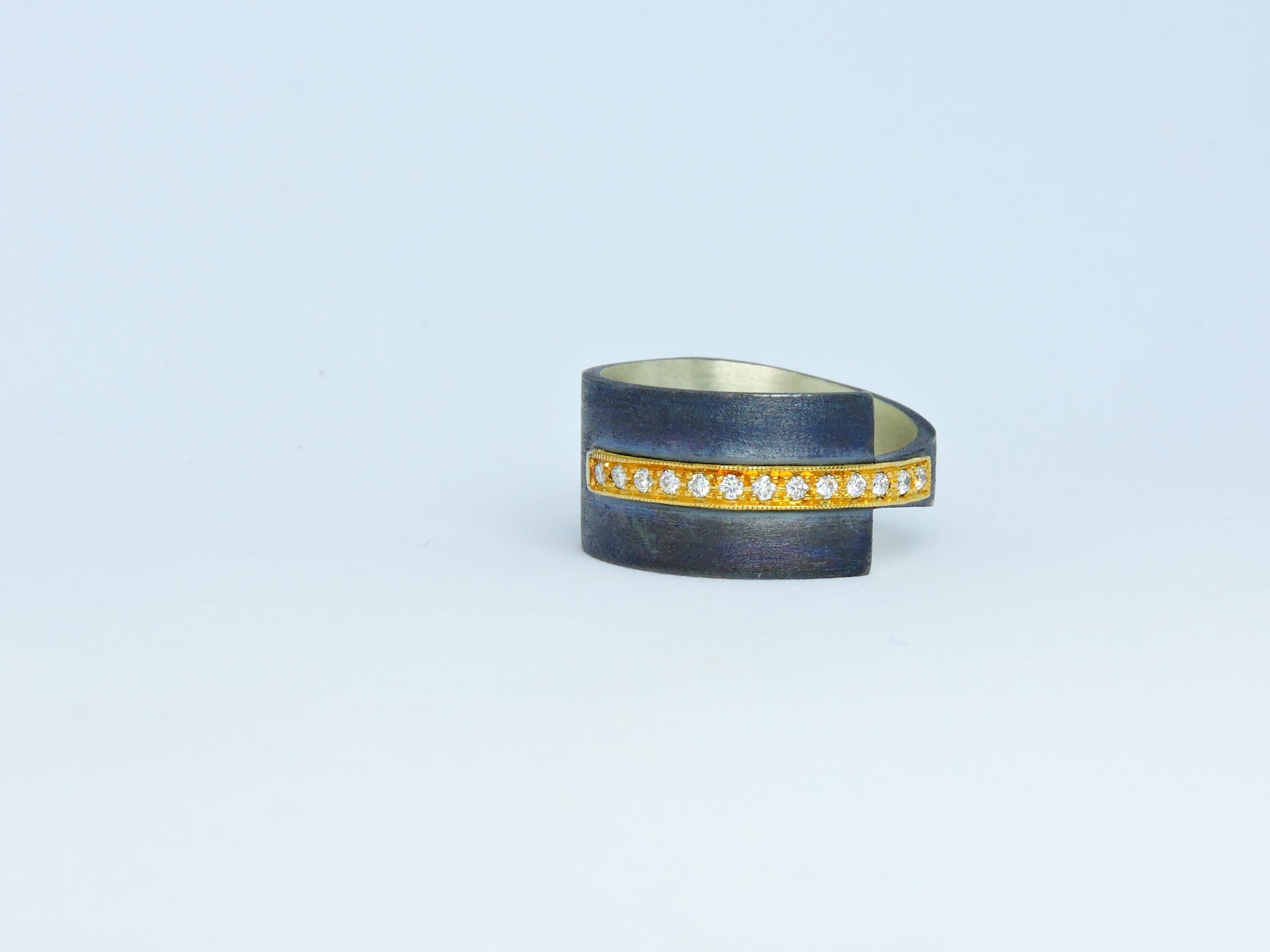 Oxidized Silver Ring with 18k Gold Band & 0.13ct Diamond | Modern Handmade Designer Ring,  Statement ring , Unisex Ring