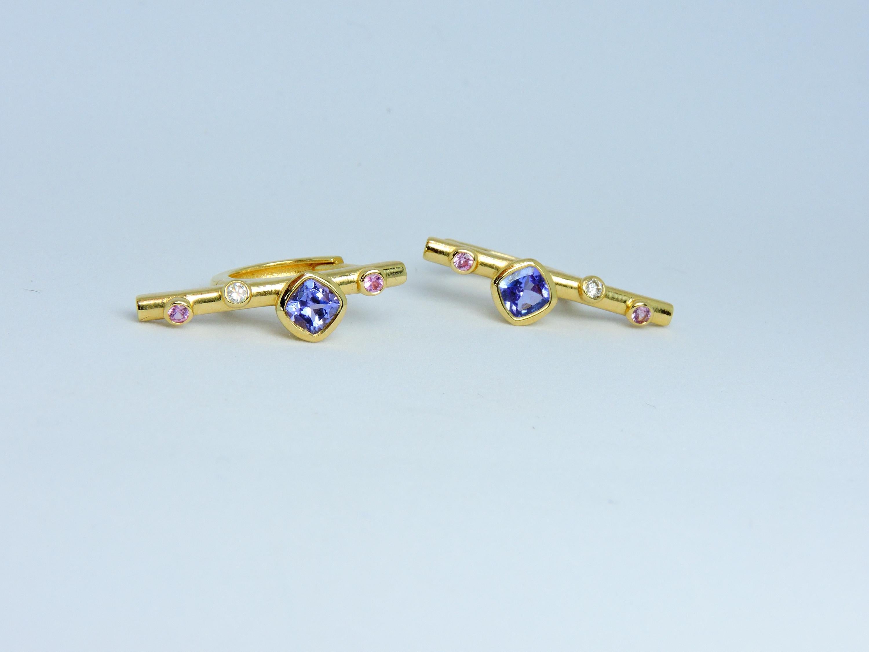14K Solid Gold Hoop Earrings, Tanzanite Earrings, Tanzanite, Diamond and Sapphire Gold Hoop Earrings, Straith bar Hoop Earring