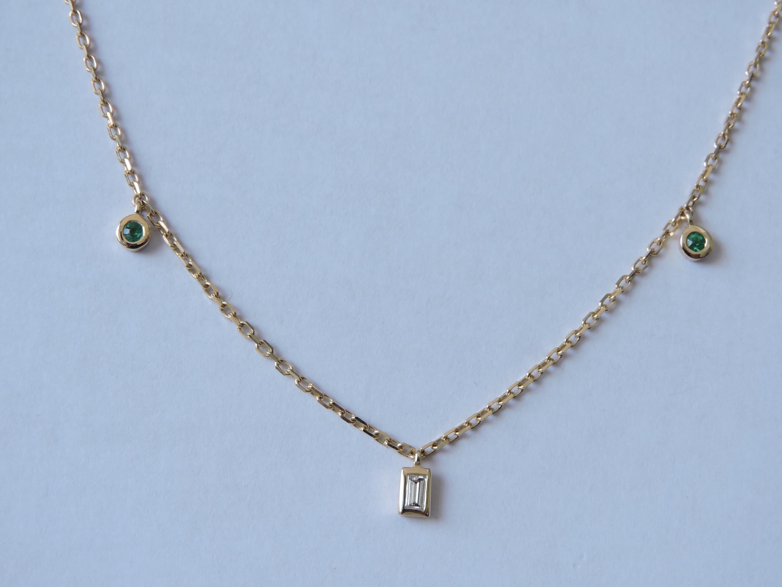 14K Gold Emerald & Baguette Diamond Necklace, 0.10 Ct Emerald, 0.10 Ct Diamond, 44 cm Chain, Minimal Fine Jewelry Gift