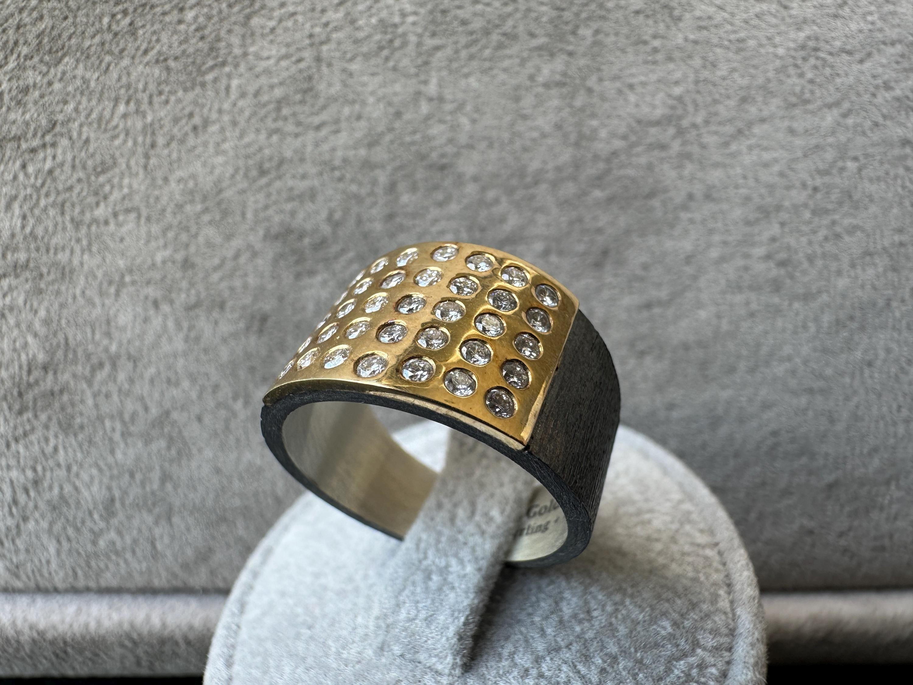 18k Gold & Sterling Silver Unisex Diamond Ring, 0.63 ct, Oxidiced Silver and 18k Gold Ring, Oxidiced Silver Ring