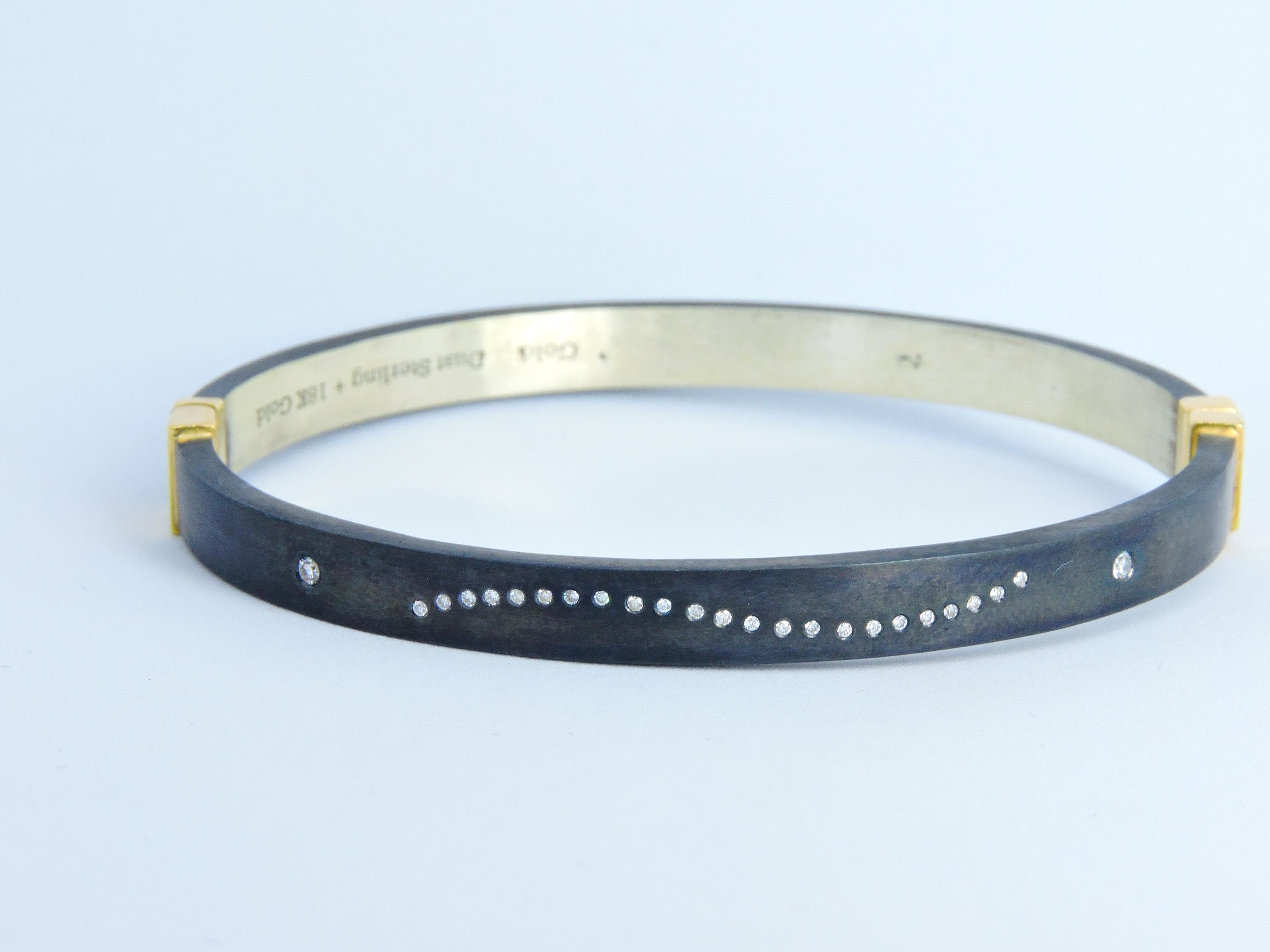 18K Gold & Silver Diamond Bangle – Two Tone Bracelet with 0.09 Ct Natural Diamonds – Handmade Fine Jewelry