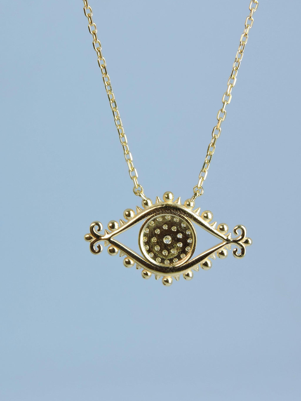 Handmade 14K Gold Evil Eye Necklace: Diamond Pave Pendant