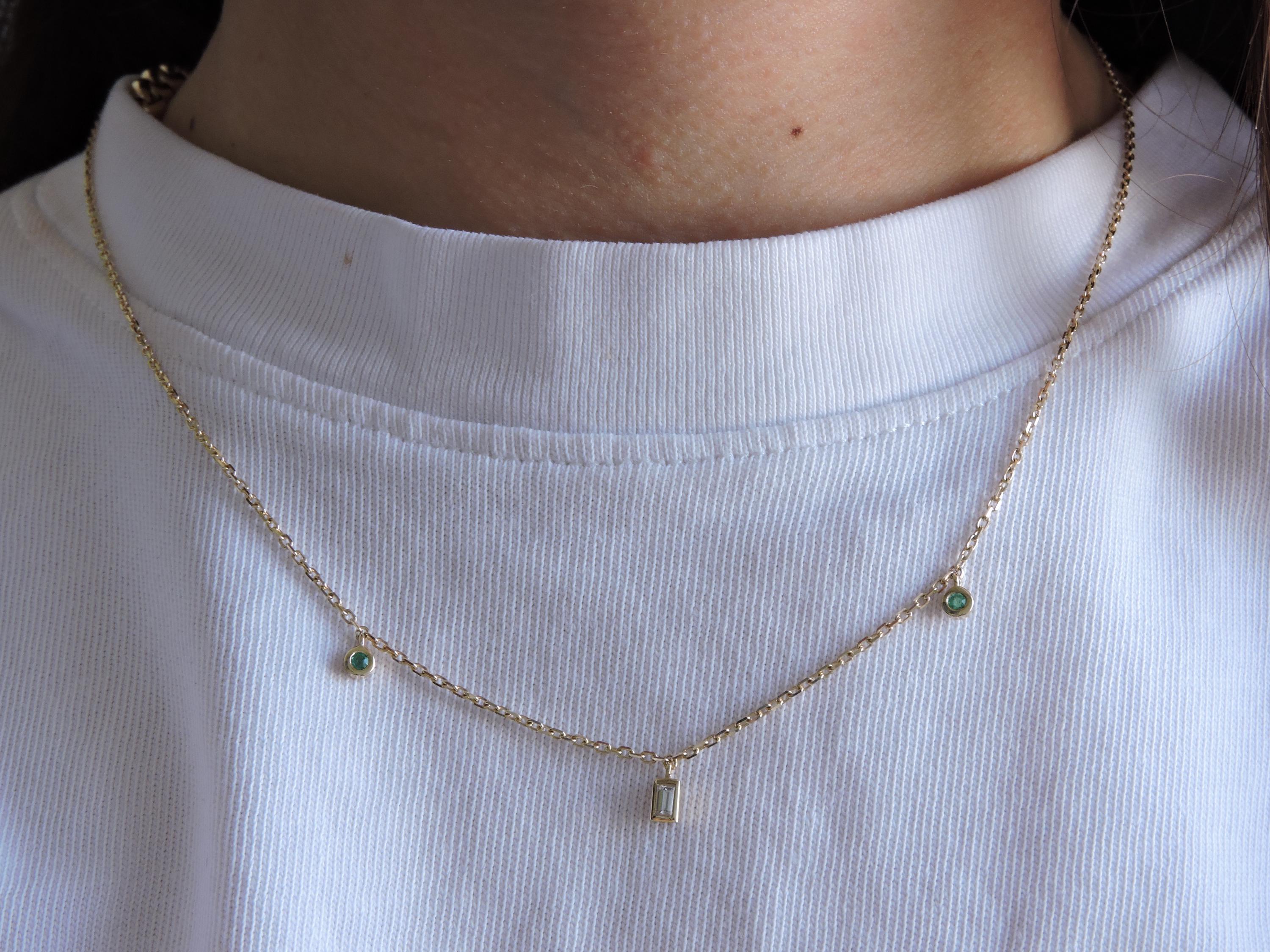 14K Gold Emerald & Baguette Diamond Necklace, 0.10 Ct Emerald, 0.10 Ct Diamond, 44 cm Chain, Minimal Fine Jewelry Gift