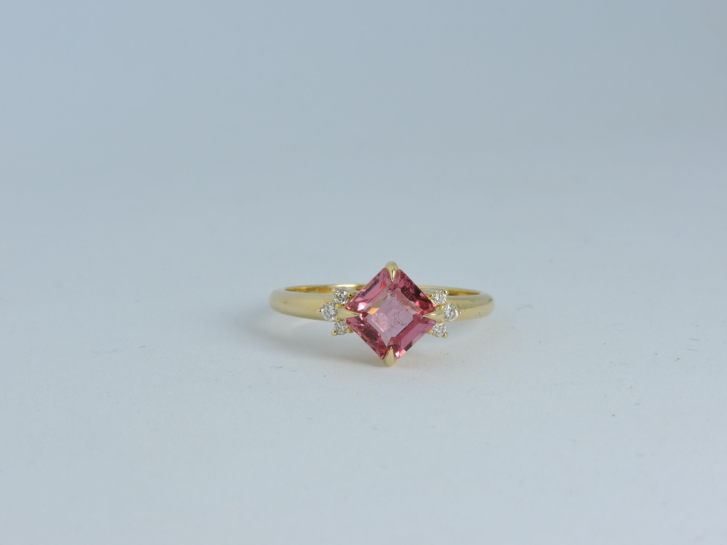 Pink Rubelite Diamond 14k Gold Engagement Ring, Radiant Cut Ring, Pink Engagement Ring with Diamond