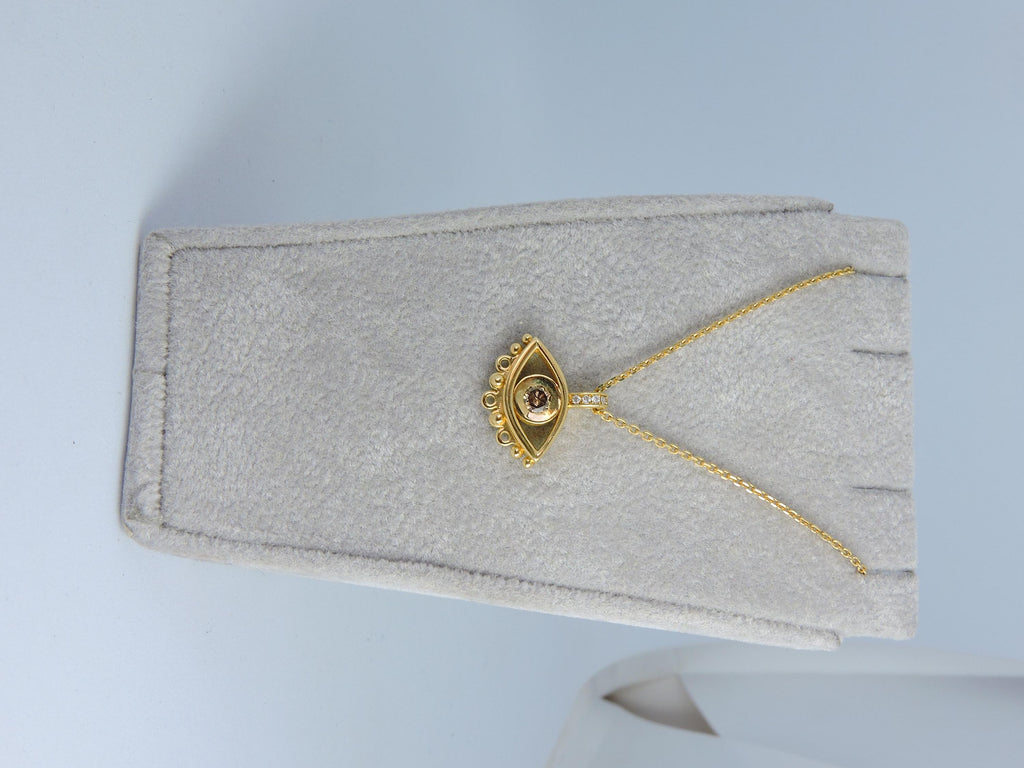 14K Gold Evil Eye Necklace: Brown Diamond Pendant, Handmade