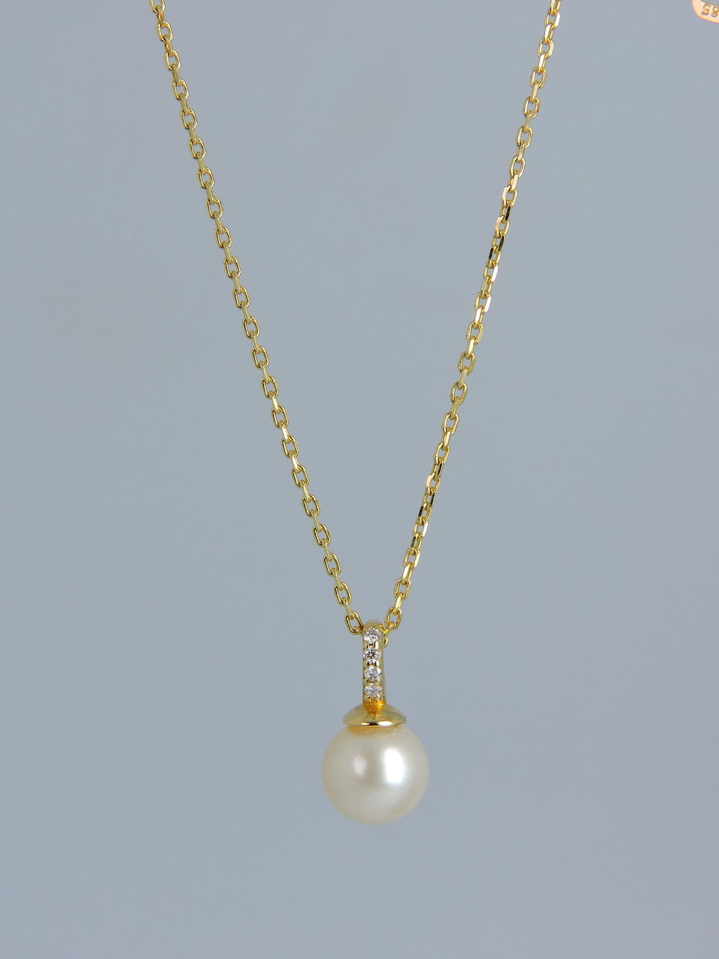 7mm Pearl Drop Diamond Necklace in Solid Gold – Minimal Pearl Pendant Necklace – Handmade Fine Jewelry