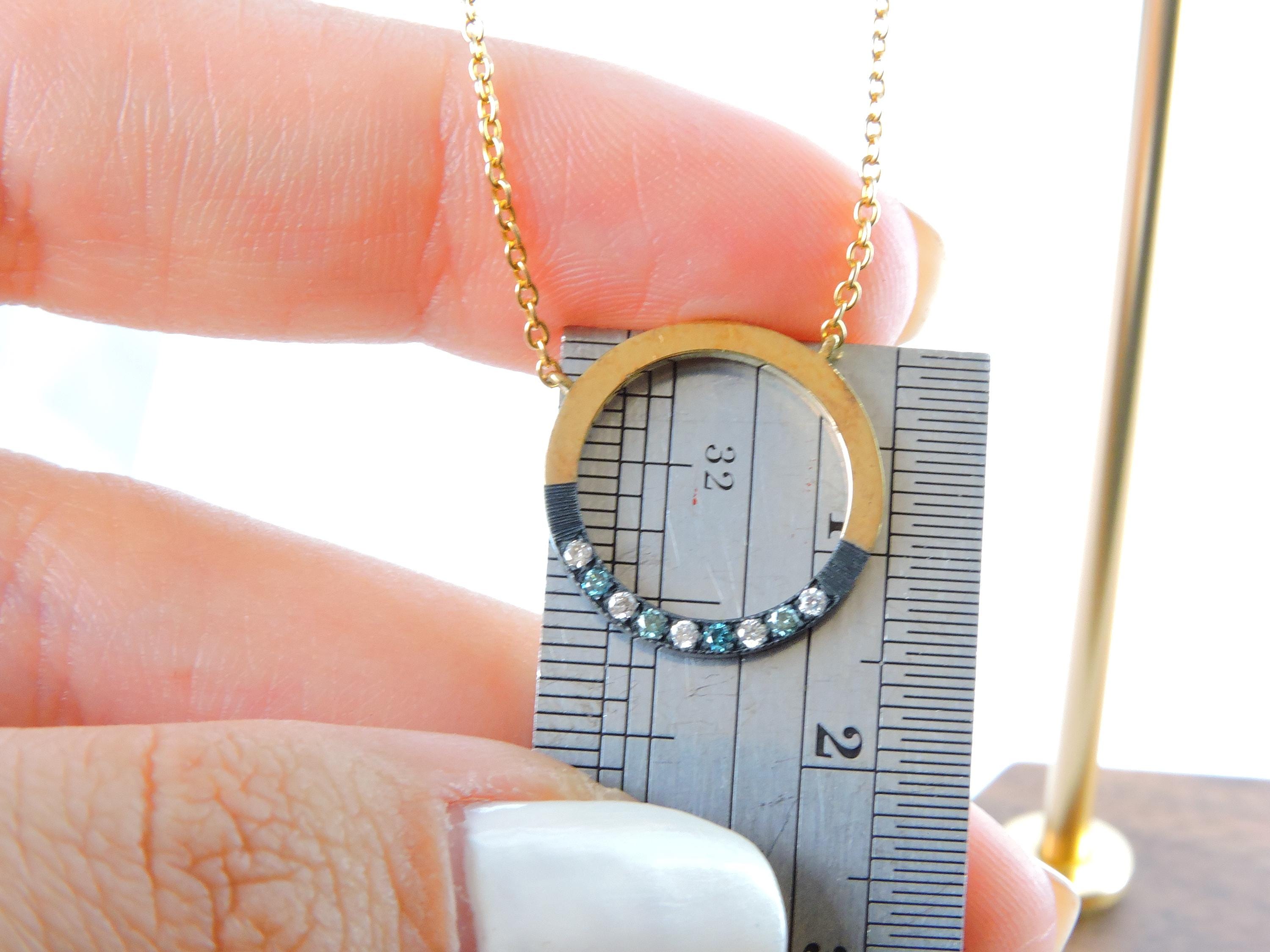 18K Gold & Oxidized Silver Circle Diamond Necklace – 0.09 Ct Colored and White Diamonds – 42 cm Chain – Handmade Fine Jewelry