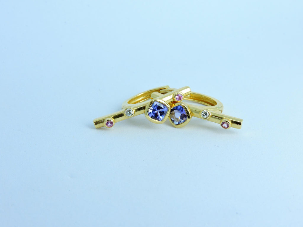 14K Solid Gold Hoop Earrings, Tanzanite Earrings, Tanzanite, Diamond and Sapphire Gold Hoop Earrings, Straith bar Hoop Earring