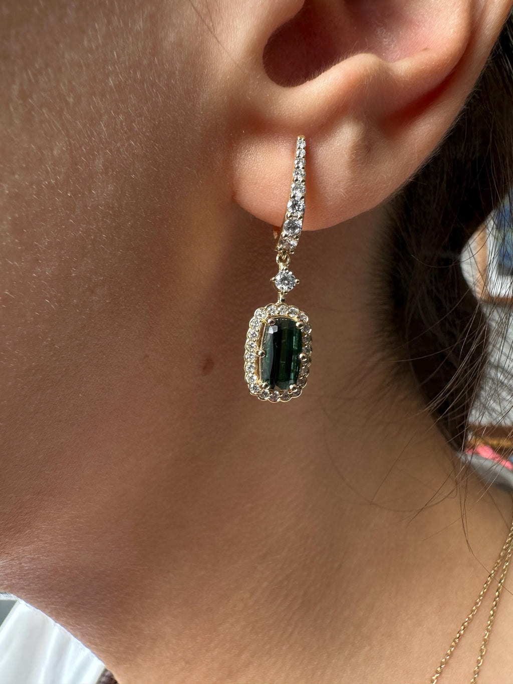 Green Tourmaline And Diamond Gold Drop Earrings : Gift for Girlfriend Mother 14k Gold earring