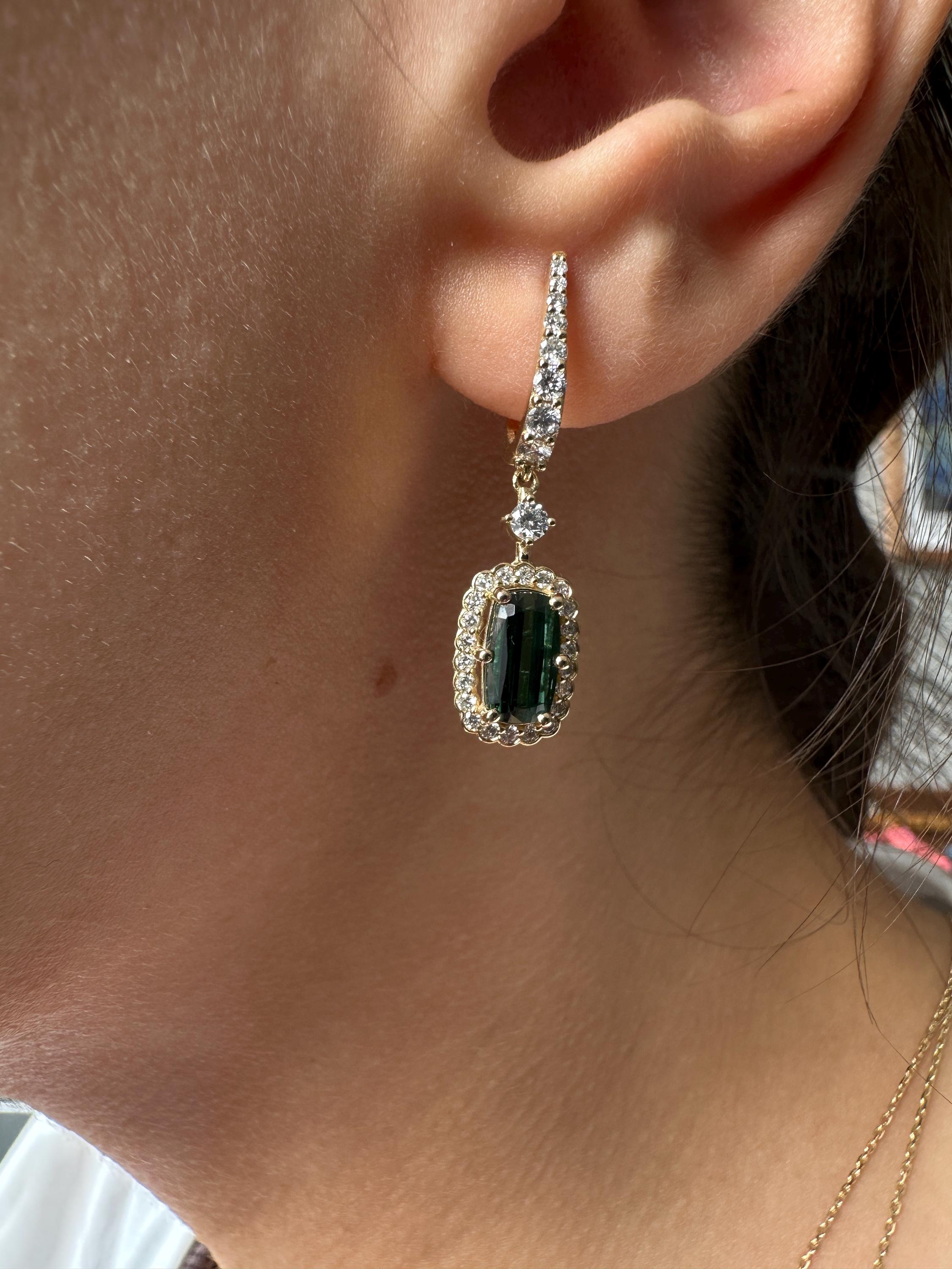 Green Tourmaline And Diamond Gold Drop Earrings : Gift for Girlfriend Mother 14k Gold earring