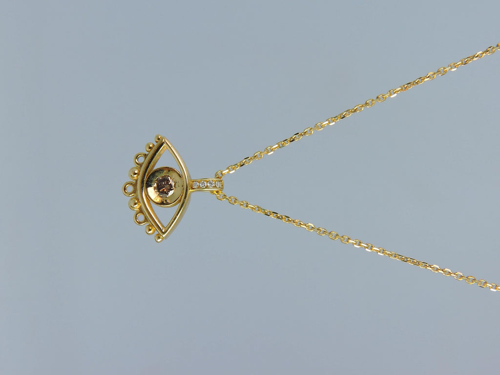 14K Gold Evil Eye Necklace: Brown Diamond Pendant, Handmade