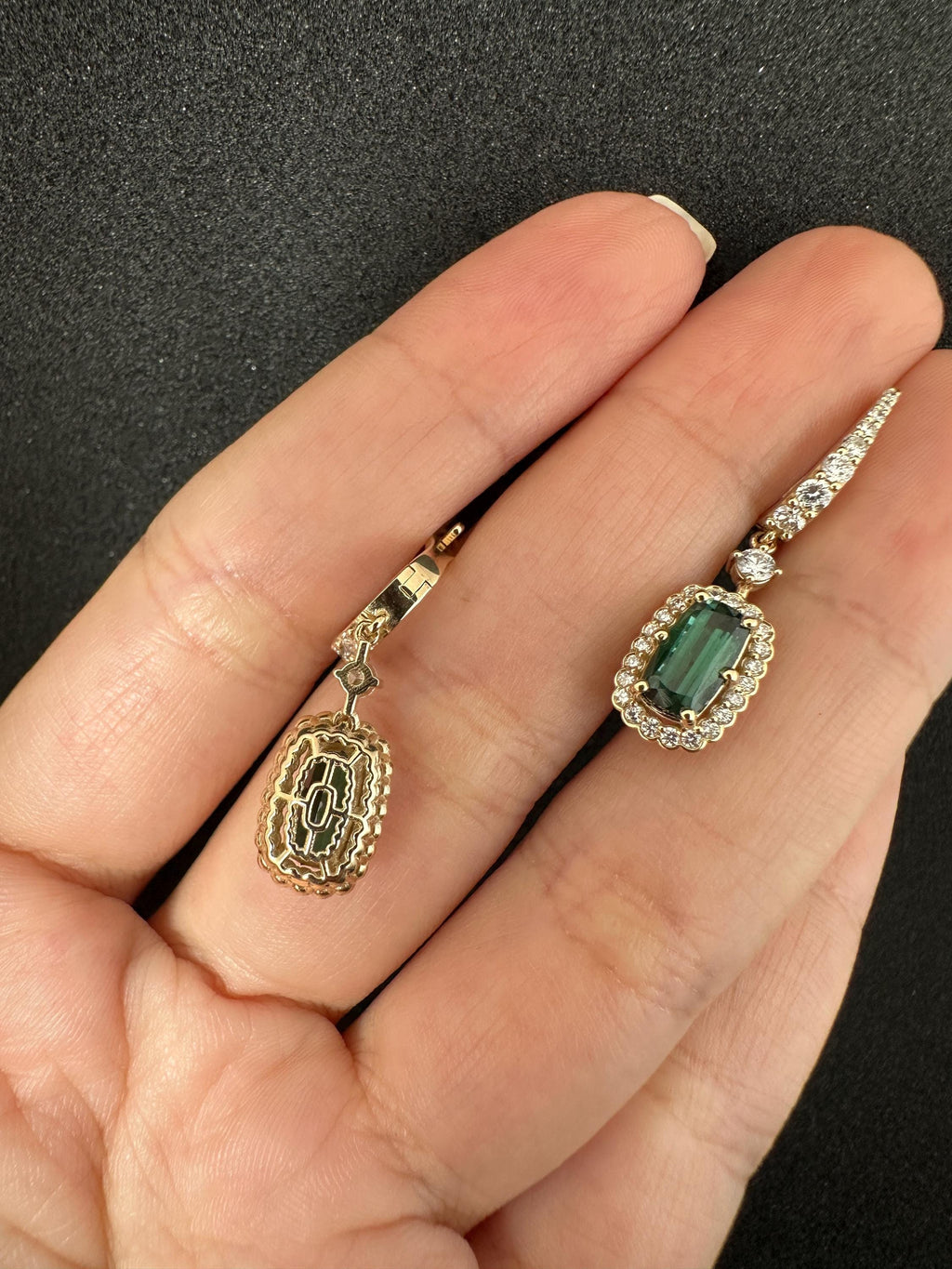 Green Tourmaline And Diamond Gold Drop Earrings : Gift for Girlfriend Mother 14k Gold earring