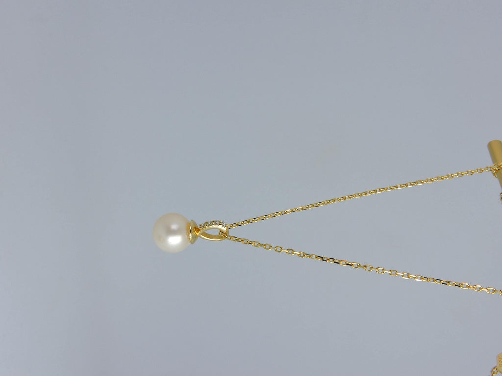 7mm Pearl Drop Diamond Necklace in Solid Gold – Minimal Pearl Pendant Necklace – Handmade Fine Jewelry