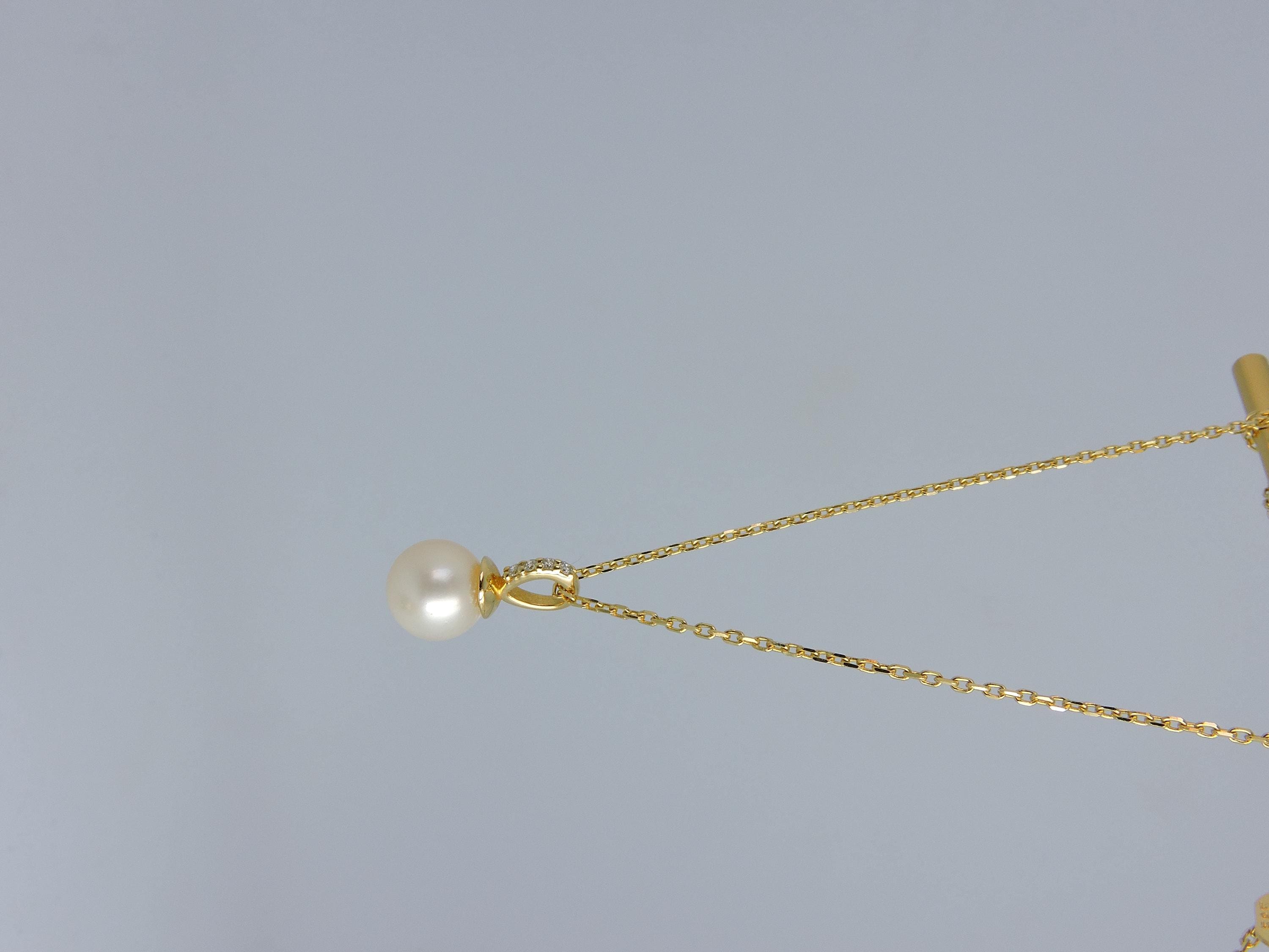 7mm Pearl Drop Diamond Necklace in Solid Gold – Minimal Pearl Pendant Necklace – Handmade Fine Jewelry