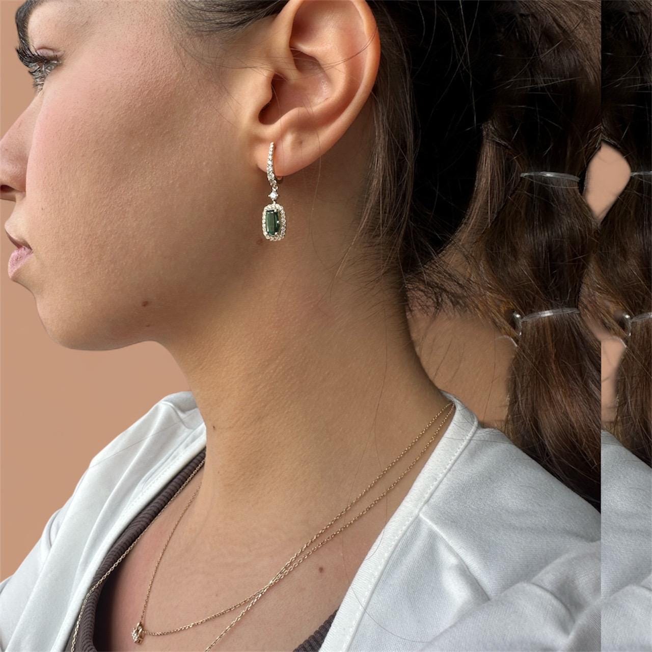 Green Tourmaline And Diamond Gold Drop Earrings : Gift for Girlfriend Mother 14k Gold earring